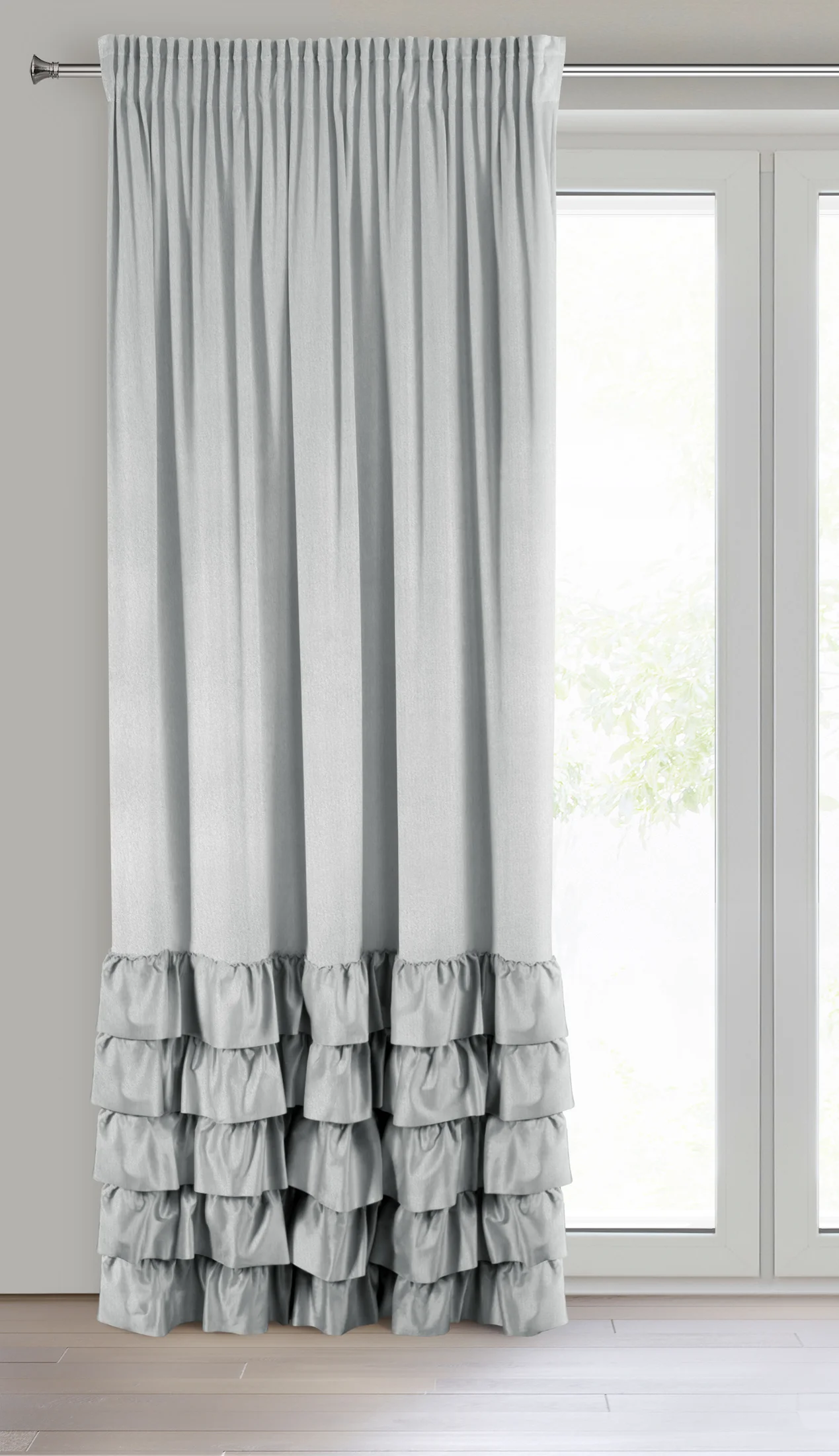 Zasłona welwetowa srebrna zdobiona falbanami 140x250 cm taśma - DANI