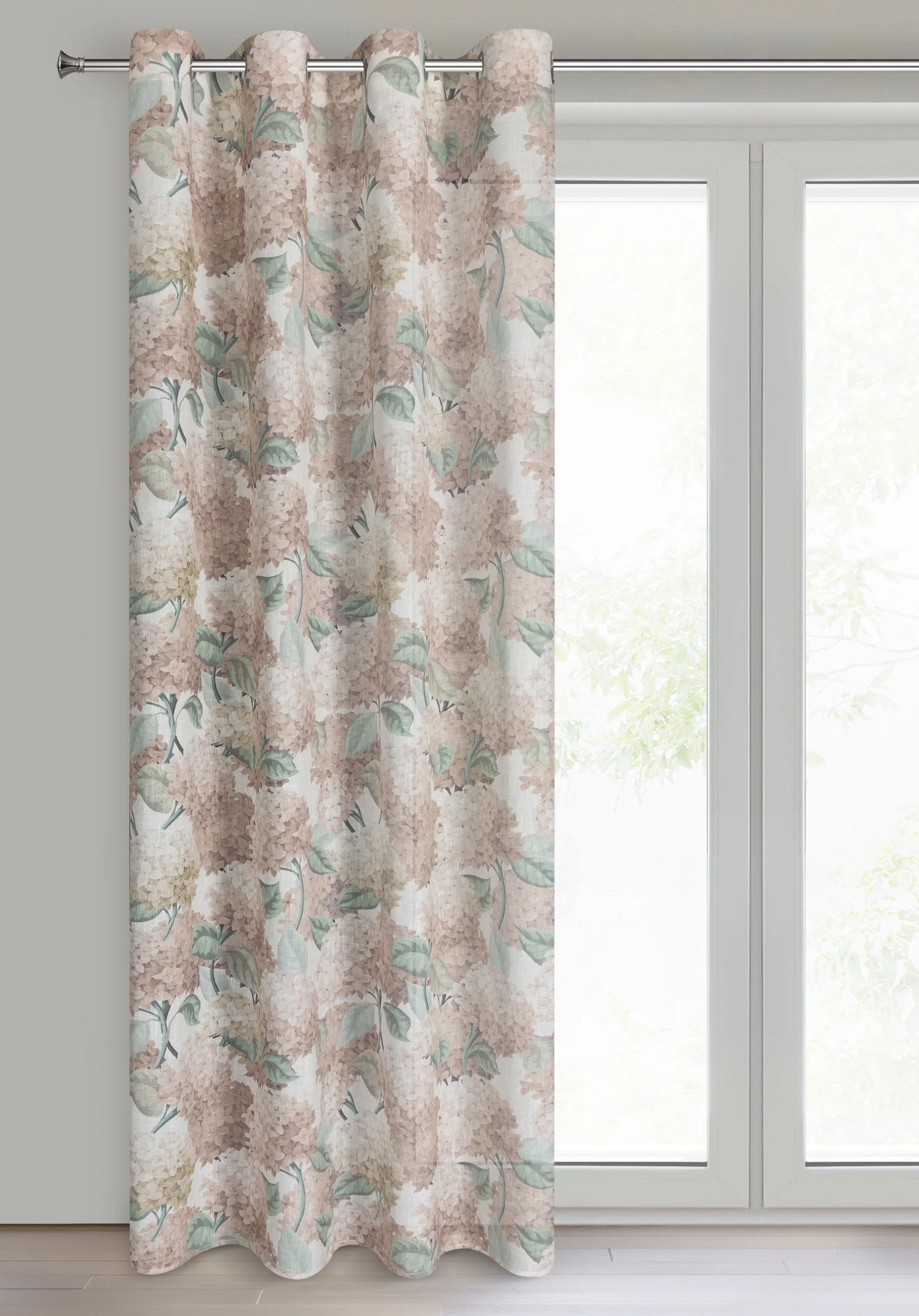 Zasłona naturalno, beżowa z wzorem kwiatów z dodatkiem lnu 140x250 cm przelotka - DEMI