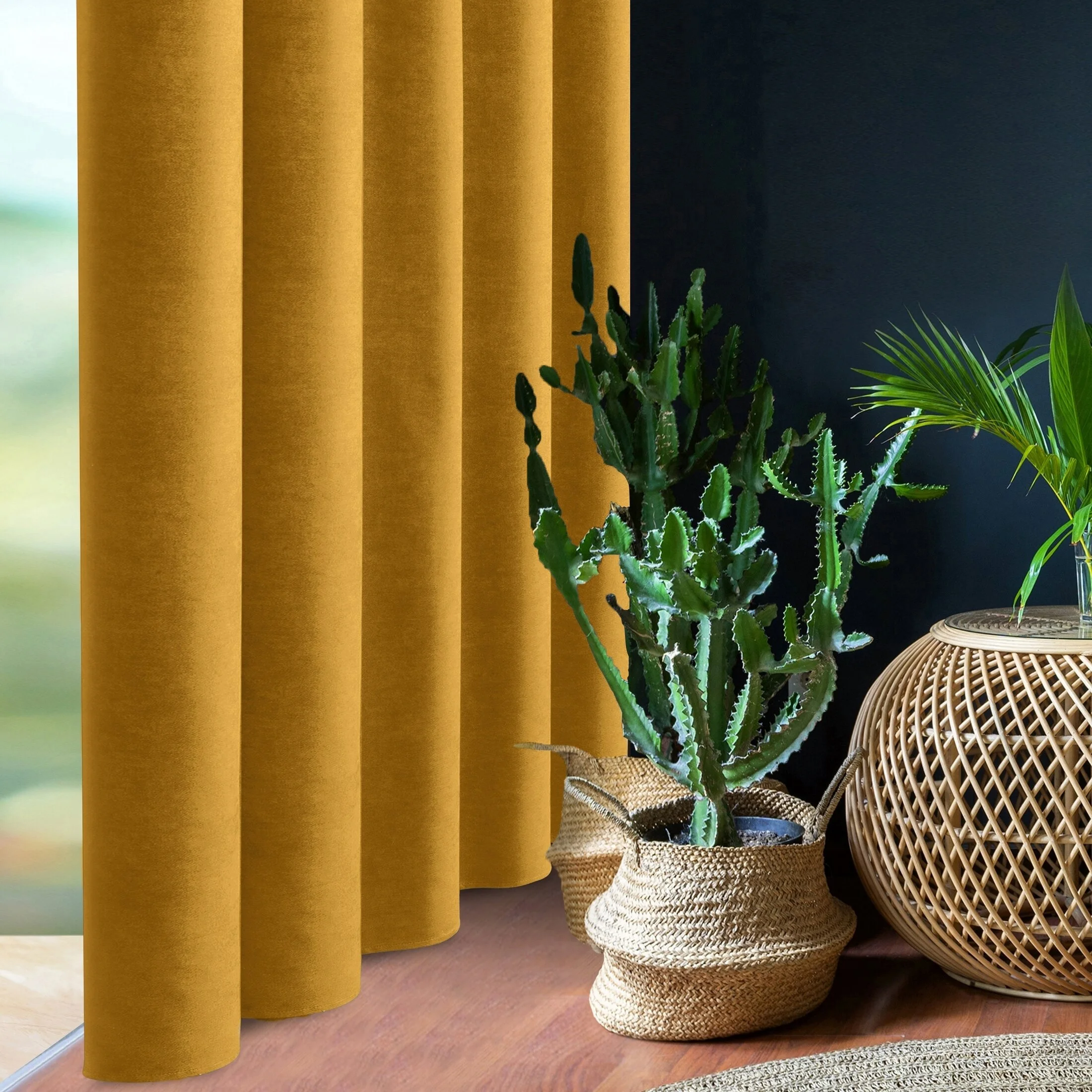 Zasłona musztardowa z tkaniny welurowej 200x220 cm tunel Dora
