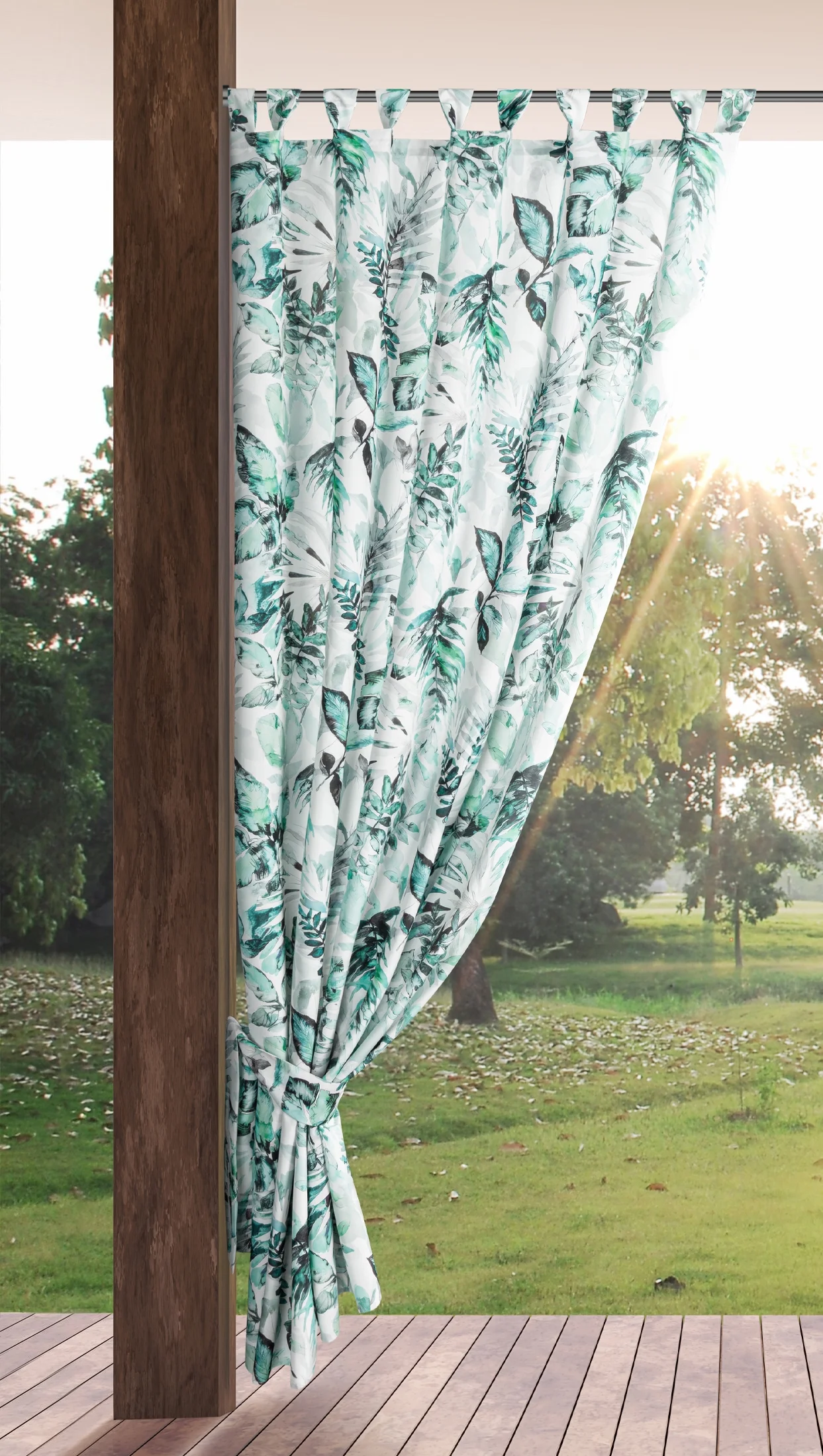 Zasłona biało, zielona z wodoodpornej tkaniny idealna do ogrodu i na taras 155x220 cm szelki/rzep - GARDEN 2