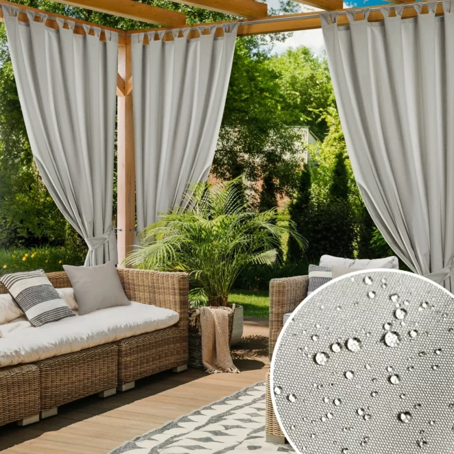 Zasłona beżowa z wodoodpornej tkaniny idealna do ogrodu i na taras 155x220 cm szelki/rzep GARDENIA