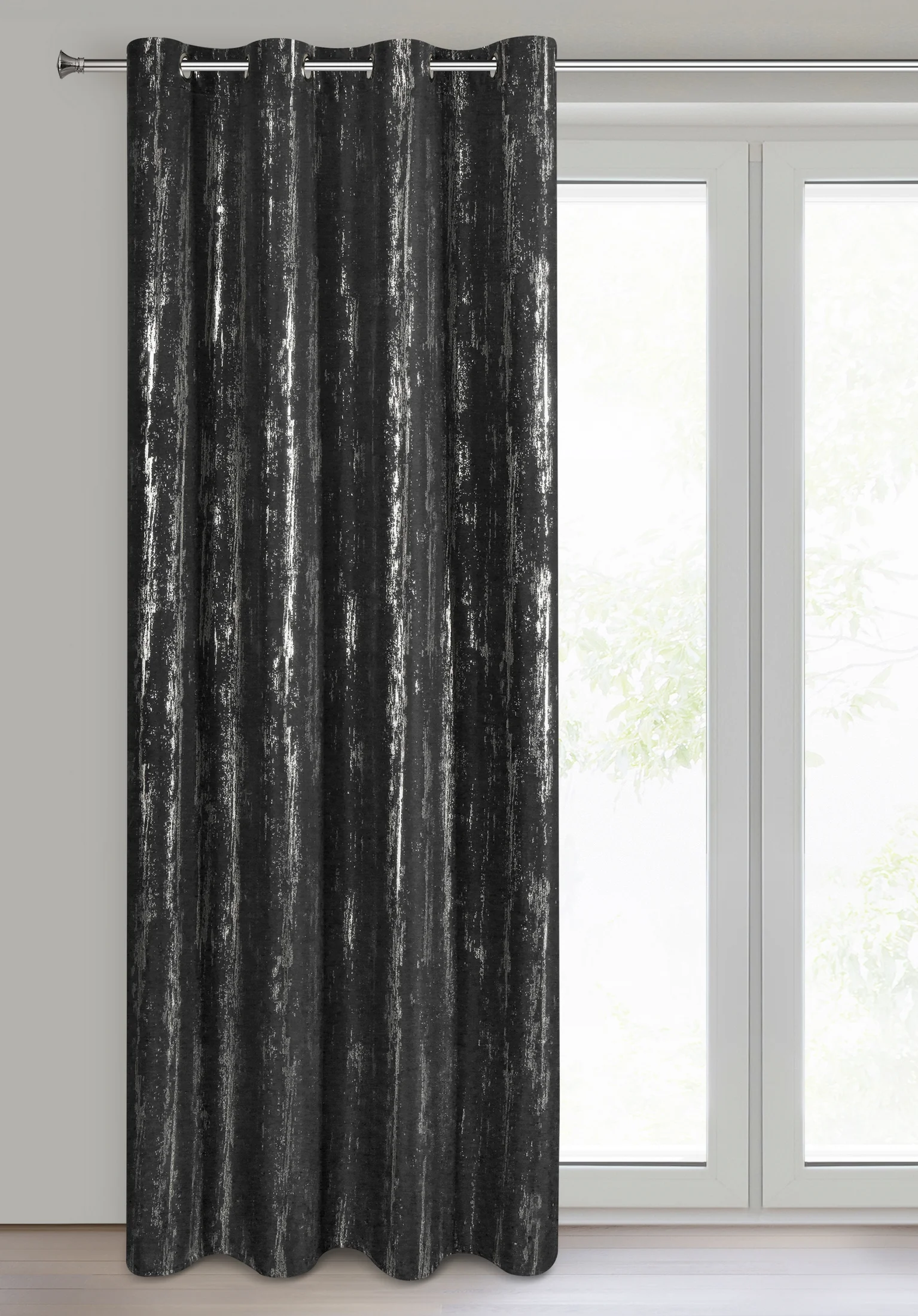 Zasłona czarno, srebrzysta zdobiona błyszczącym nadrukiem 140x250 cm przelotka - LIBI