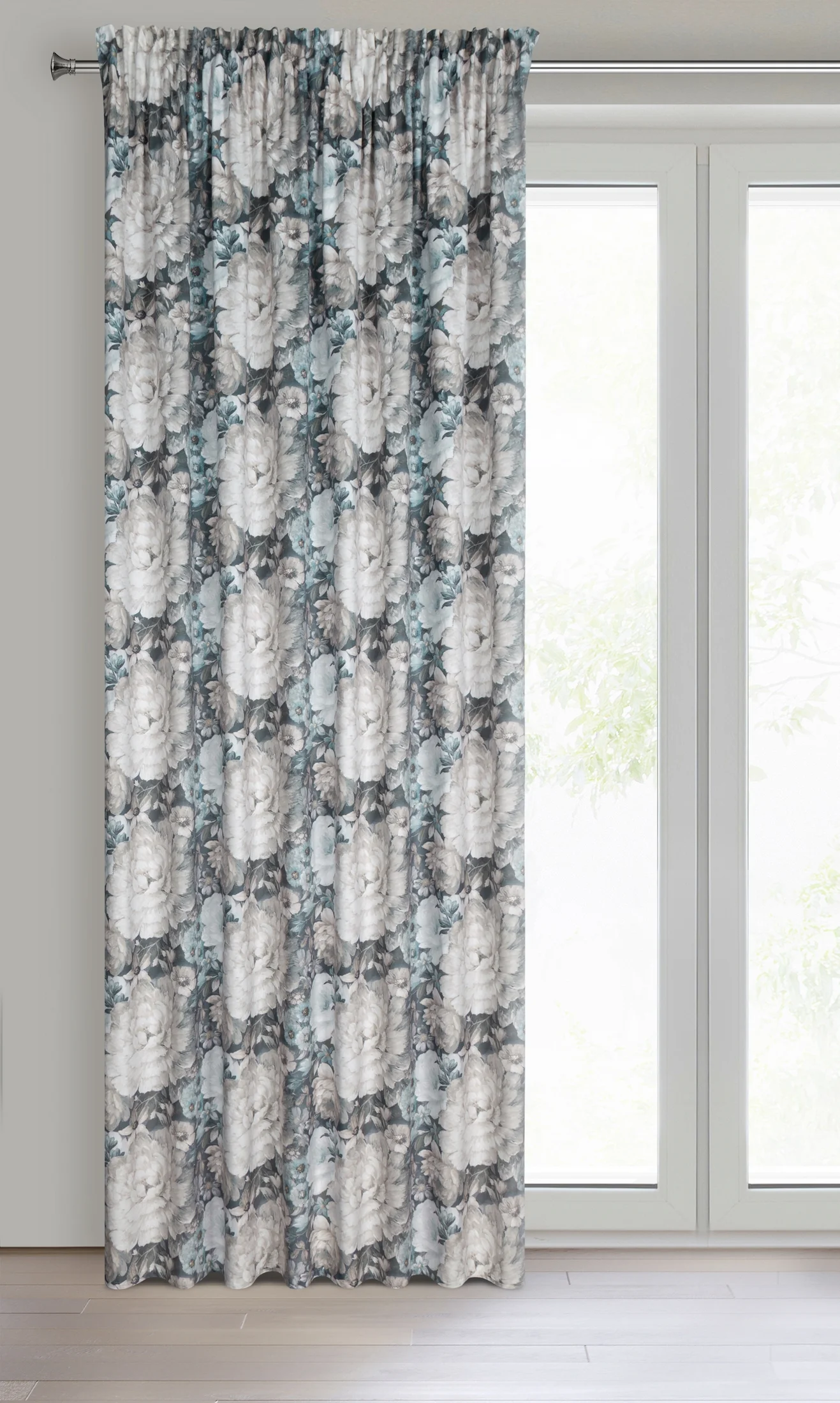 Zasłona welwetowa kremowo, niebieska zdobiona nadrukiem kwiatów 140x270 cm taśma - LUCIA