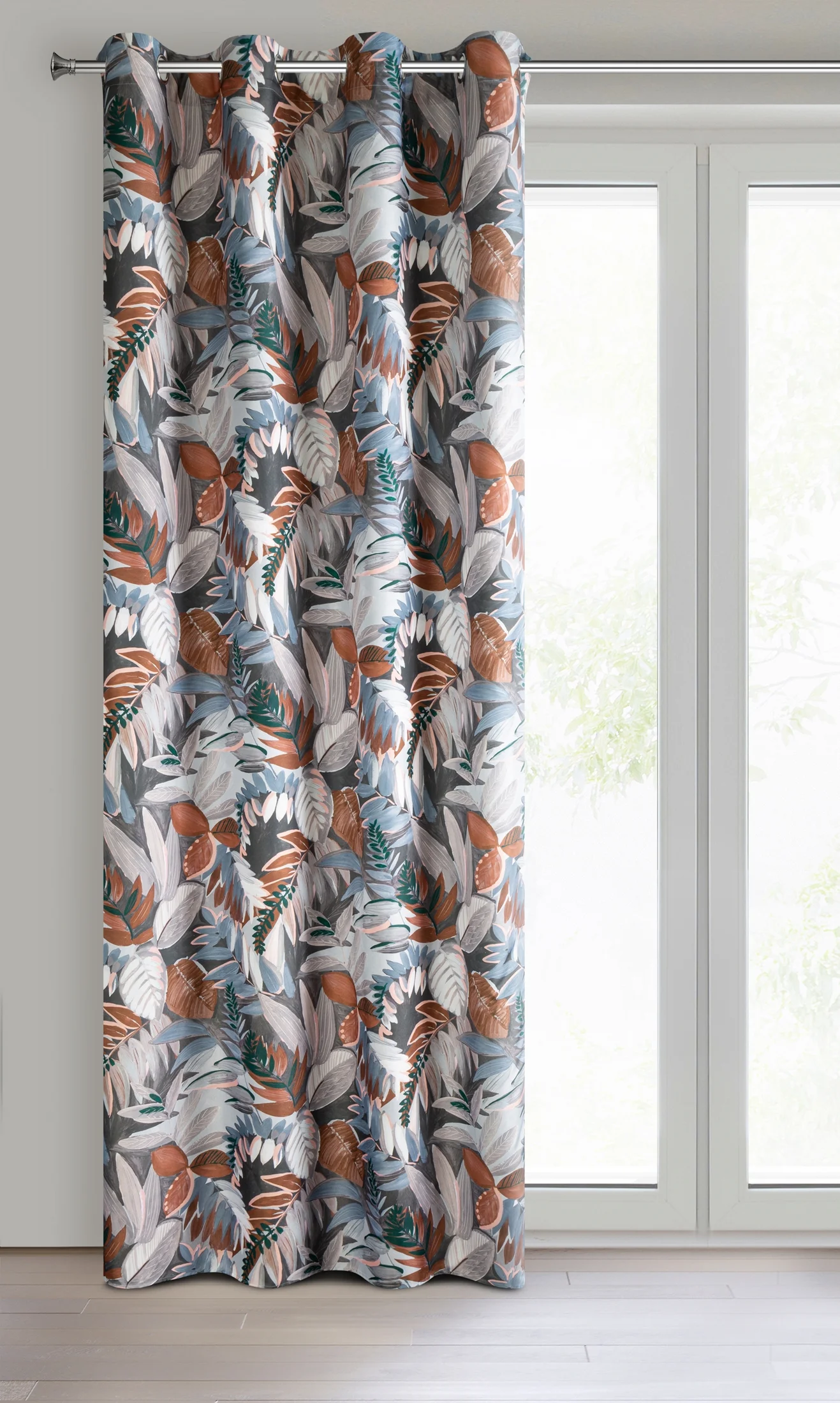 Zasłona stalowo, ruda zdobiona nadrukiem liści z tkaniny oxford 140x270 cm przelotka - MARILA