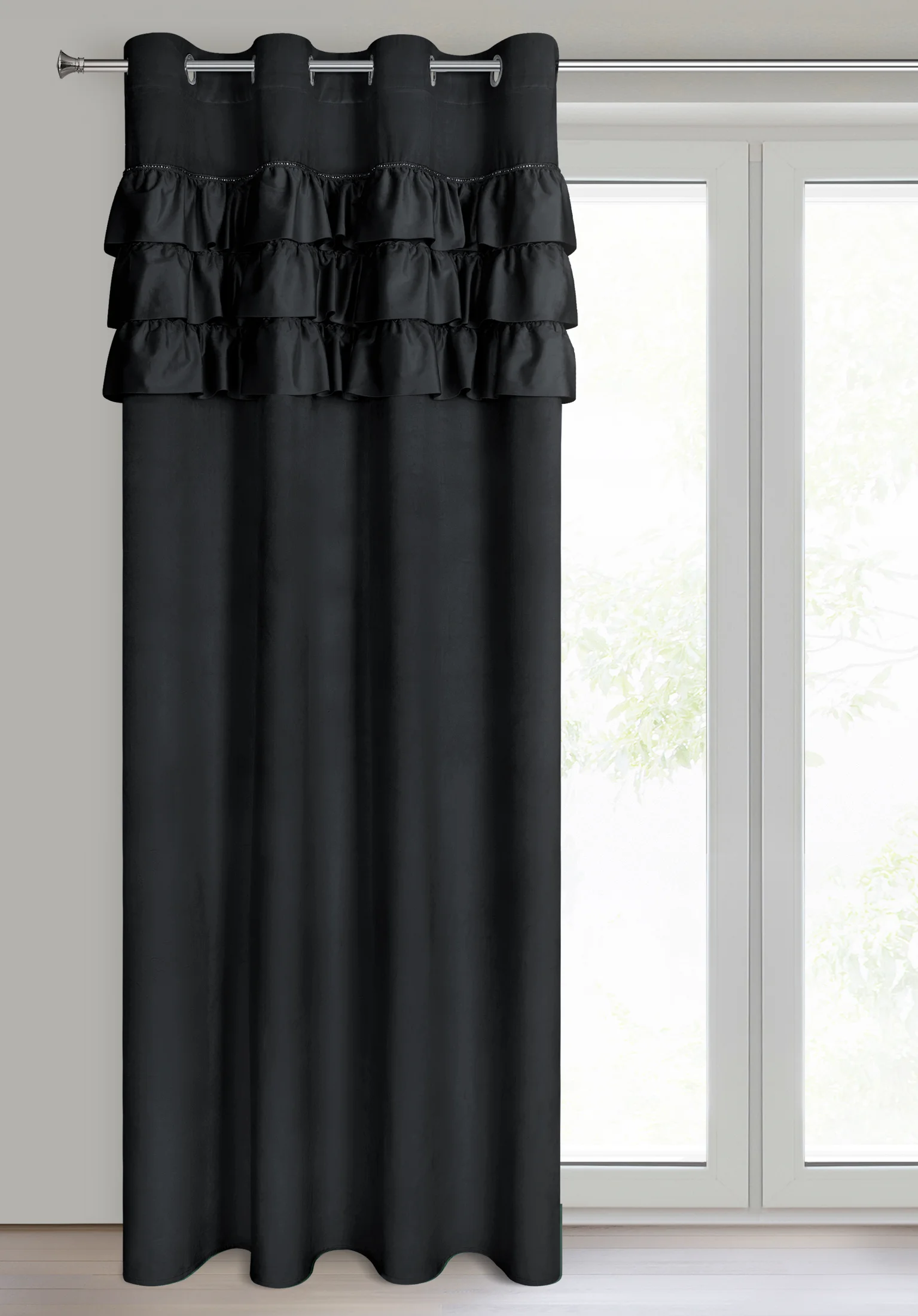 Zasłona welwetowa czarna zdobiona falbanami z 140x250 cm przelotka - SAMI