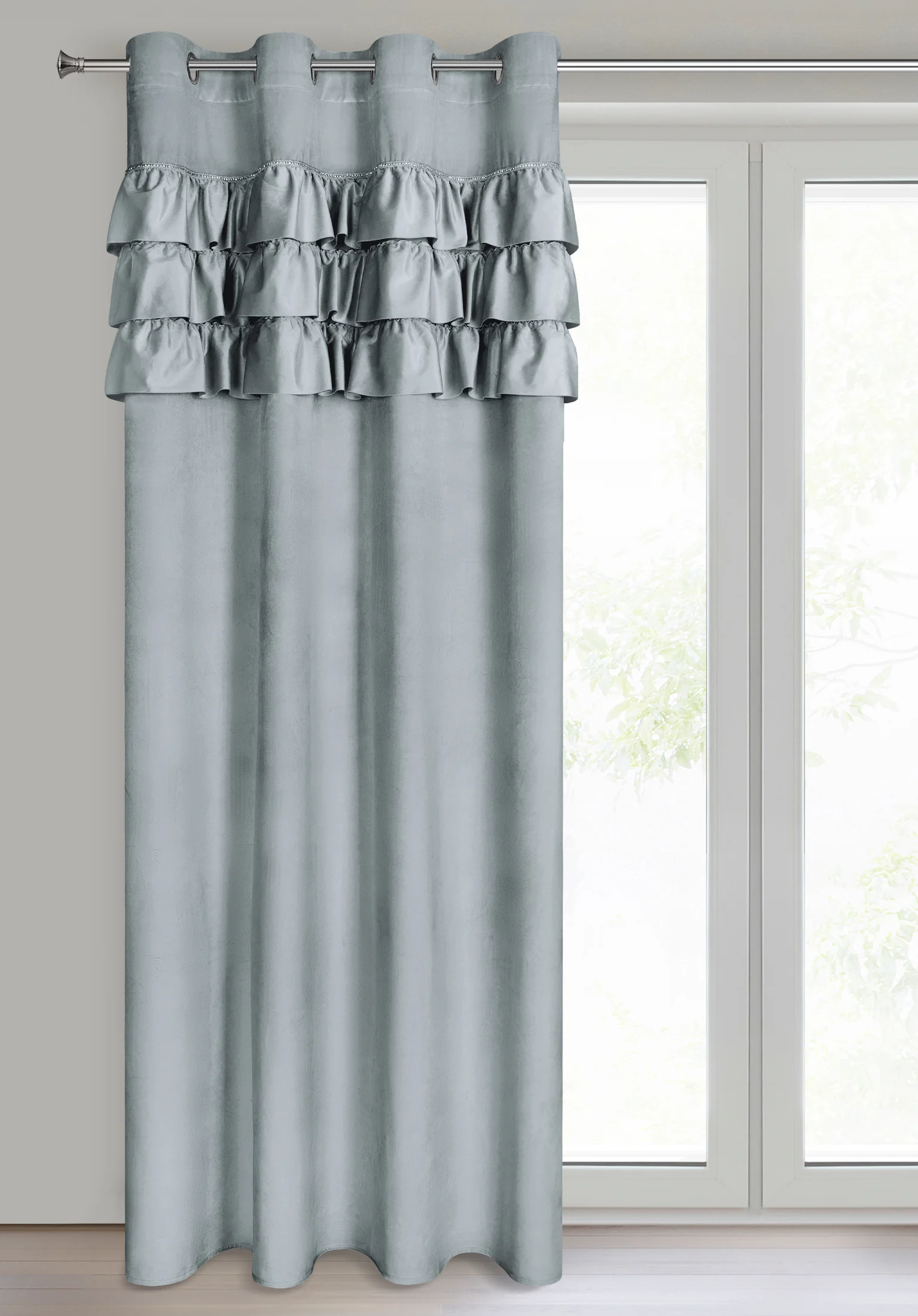 Zasłona welwetowa srebrna zdobiona falbanami 140x250 cm przelotka - SAMI