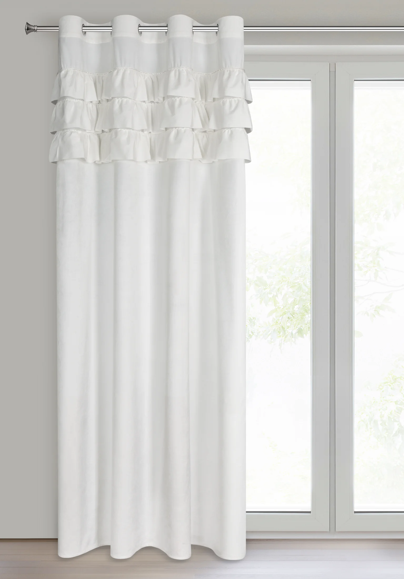 Zasłona welwetowa biała zdobiona falbanami 140x250 cm przelotka - SAMI
