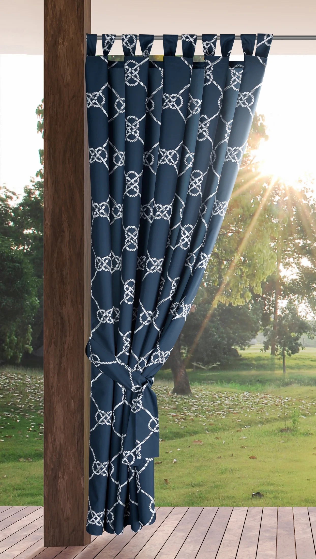Zasłona granatowo, biała z wodoodpornej tkaniny idealna do ogrodu i na taras 155x240 cm szelki/rzep - GARDEN
