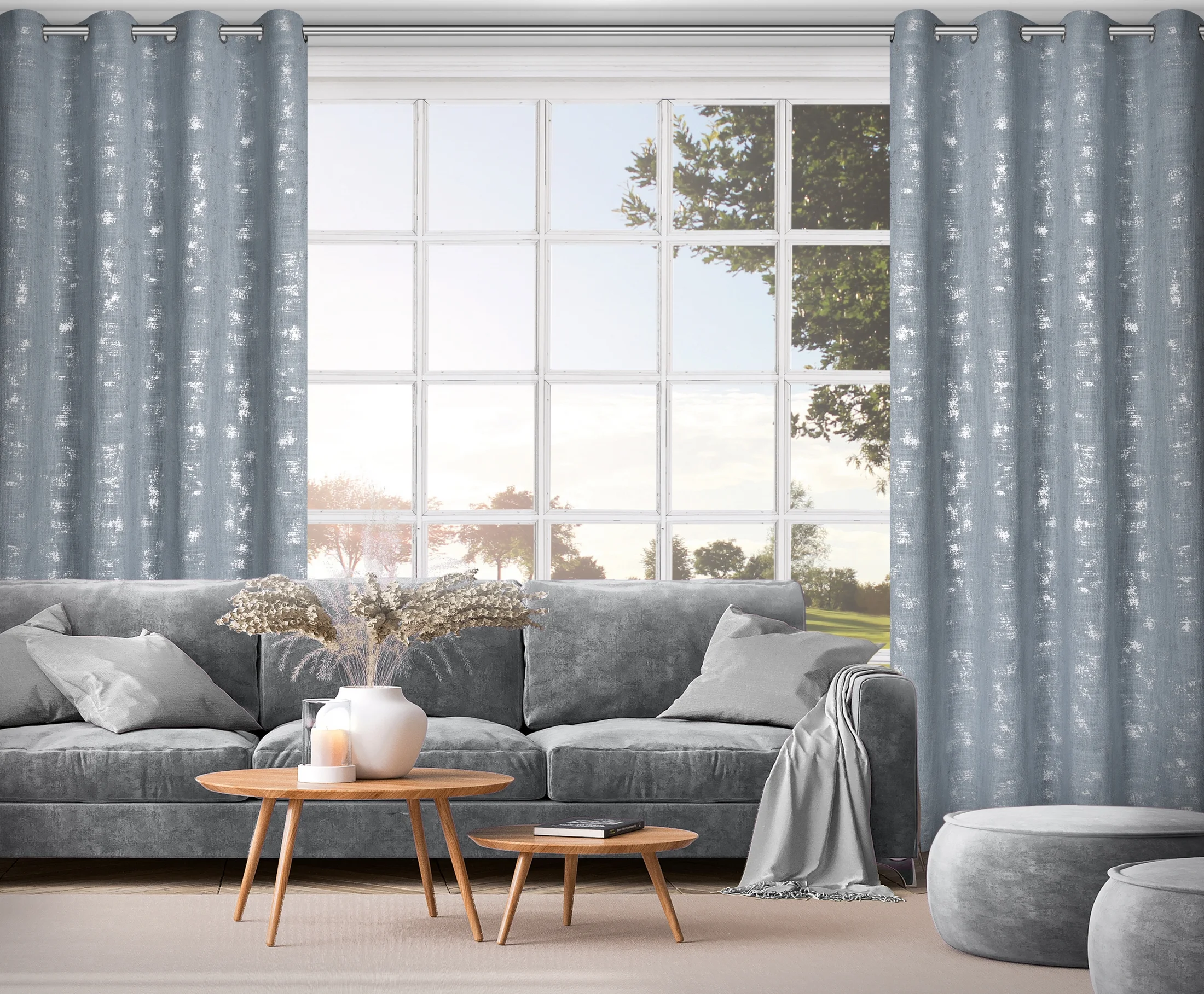Zasłona jasnoniebieska, srebrzysta w stylu eko 140x250 cm przelotka - SOLANA
