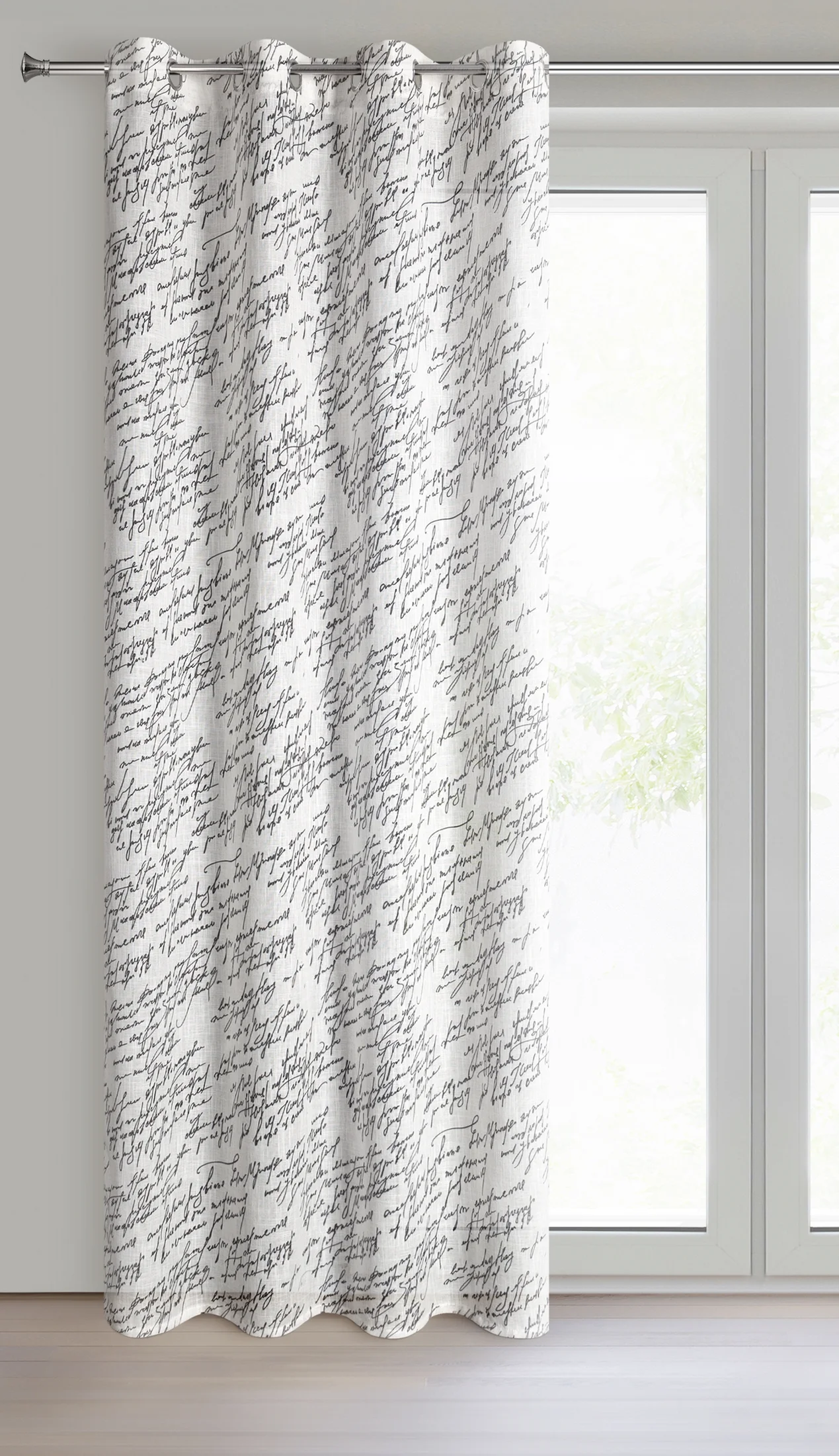 Zasłona kolor naturalny, czarny z tkaniny z dodatkiem lnu zdobiona oryginalnym nadrukiem 140x250 cm przelotka - EDITH