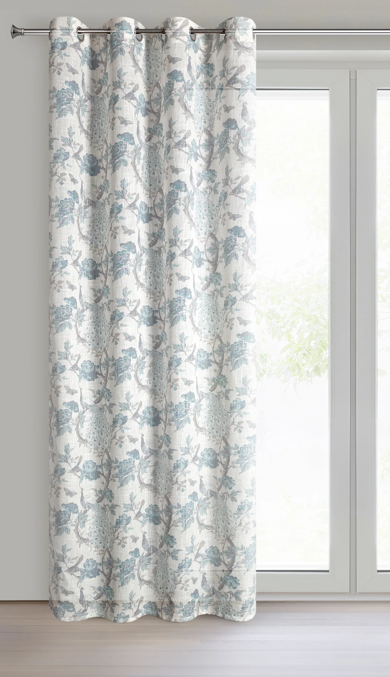Zasłona kolor naturalny, niebieski z tkaniny z dodatkiem lnu zdobiona nadrukiem roślinnym 140x250 cm przelotka - EMERA