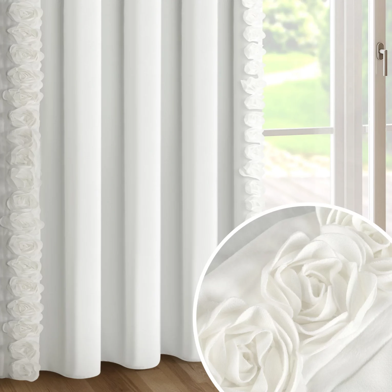 Zasłona kremowa z welwetu zdobiona aplikacją 3D róż 140x270 cm taśma - ROSES Eva Minge
