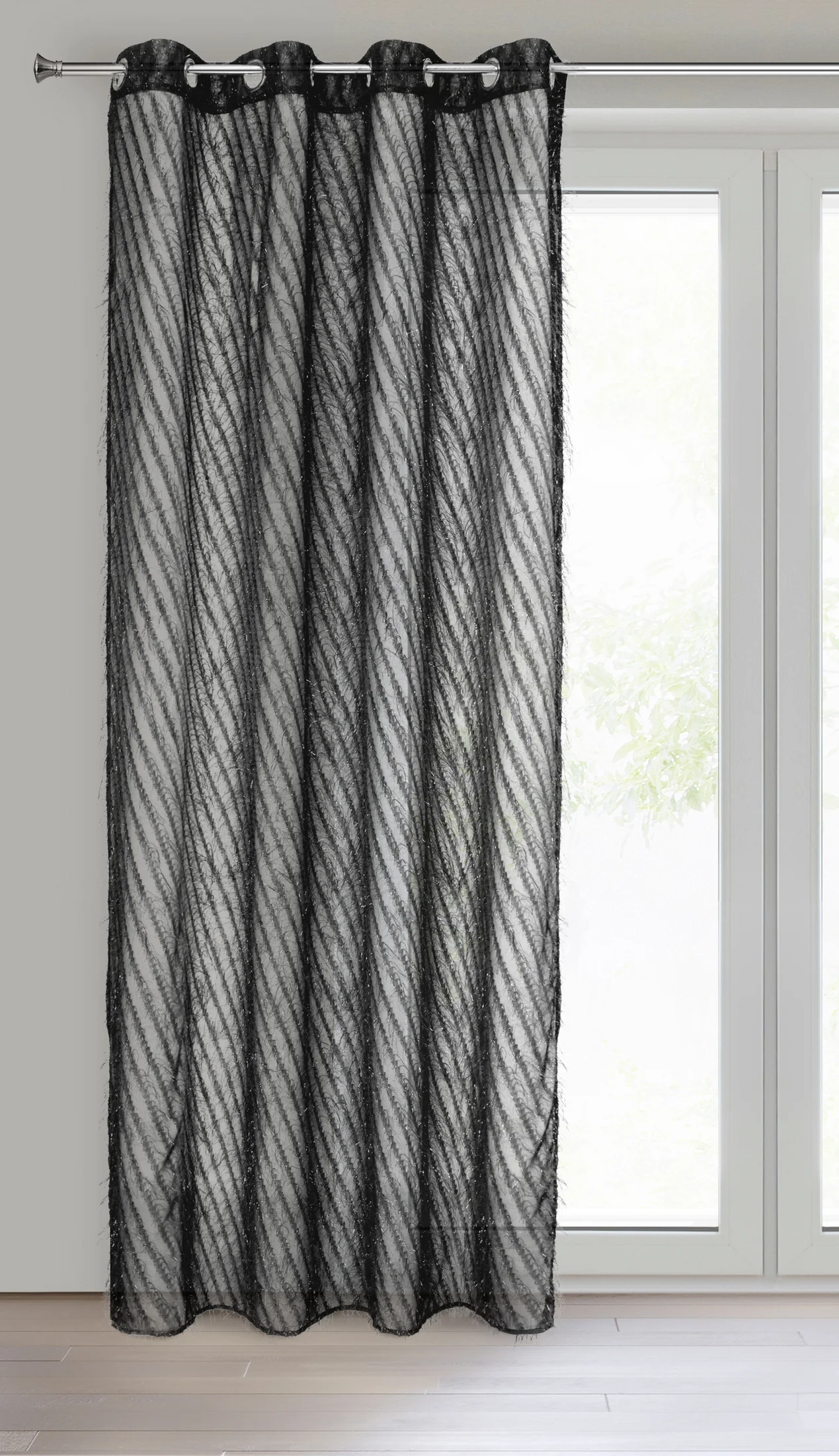 Zasłona czarna zdobiona puszystą moherową nicią 140x250 cm przelotka - LAUREL