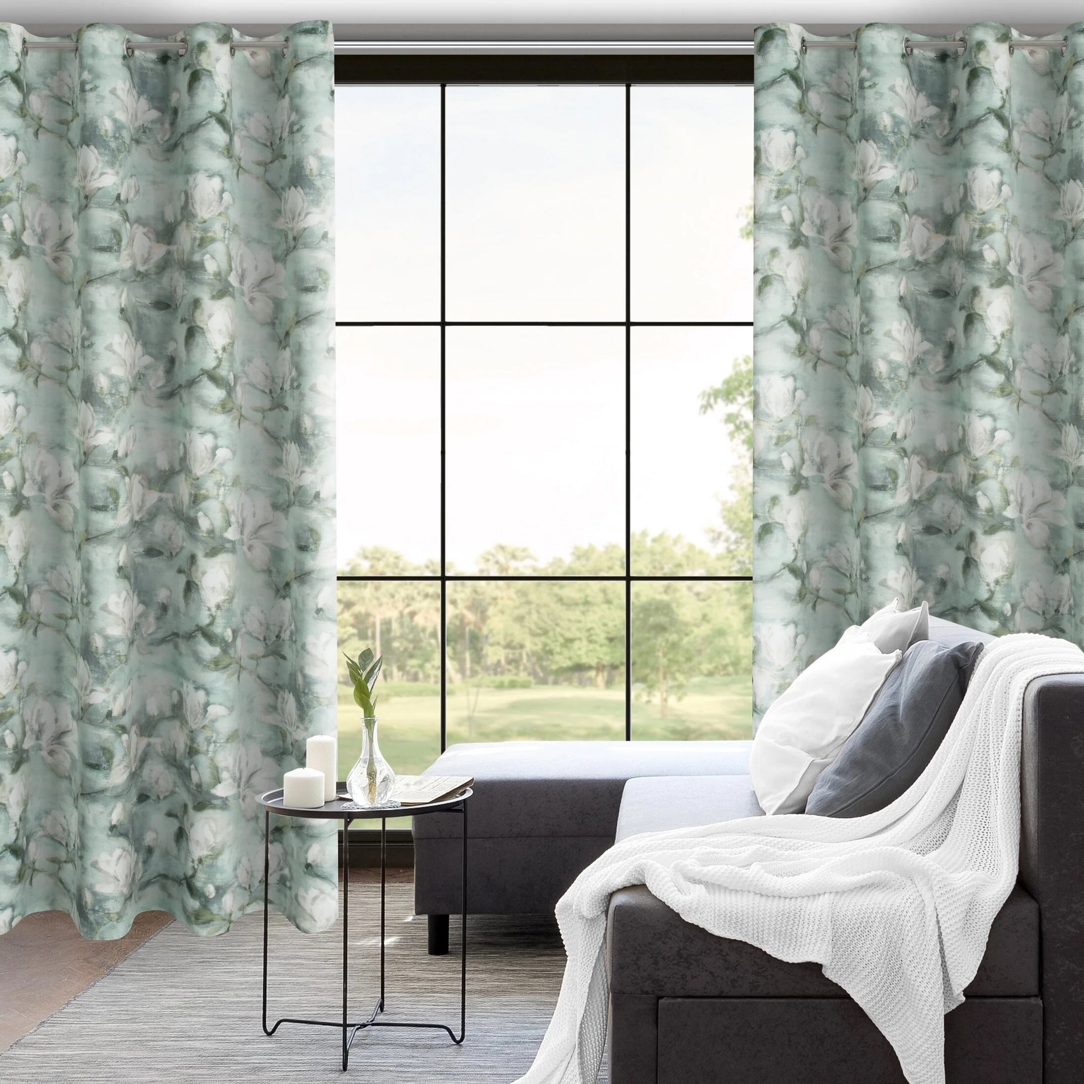 Zasłona miętowo, kremowa z motywem malowanych magnolii 140x250 cm przelotka - GRACJA