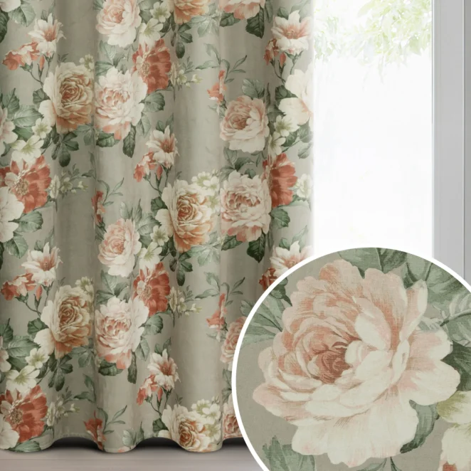 Zasłona oliwkowo kremowa z welwetu zdobiona motywem kwiatów 140x250 cm przelotki - FIORE