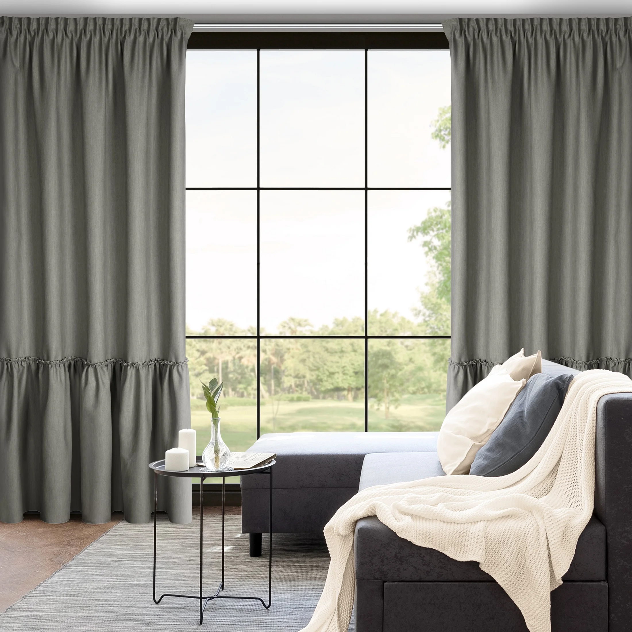 Zasłona popielata z falbaną z tkaniny o płóciennym splocie 140x260 cm taśma - LENA
