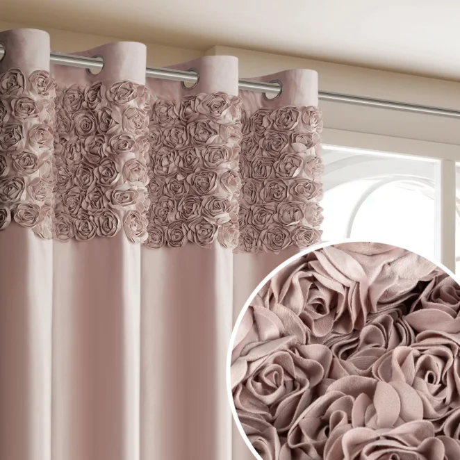 Zasłona pudrowa z welwetu zdobiona aplikacją 3D róż 140x250 cm  przelotka - ROSES Eva Minge