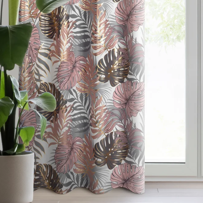Zasłona pudrowo różowa z motywem liści monstery 140x250 cm przelotka - KORFU