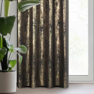 Zasłona welwetowa czarno, złota zdobiona przecieranym wzorem 140x270 cm taśma - RENIA