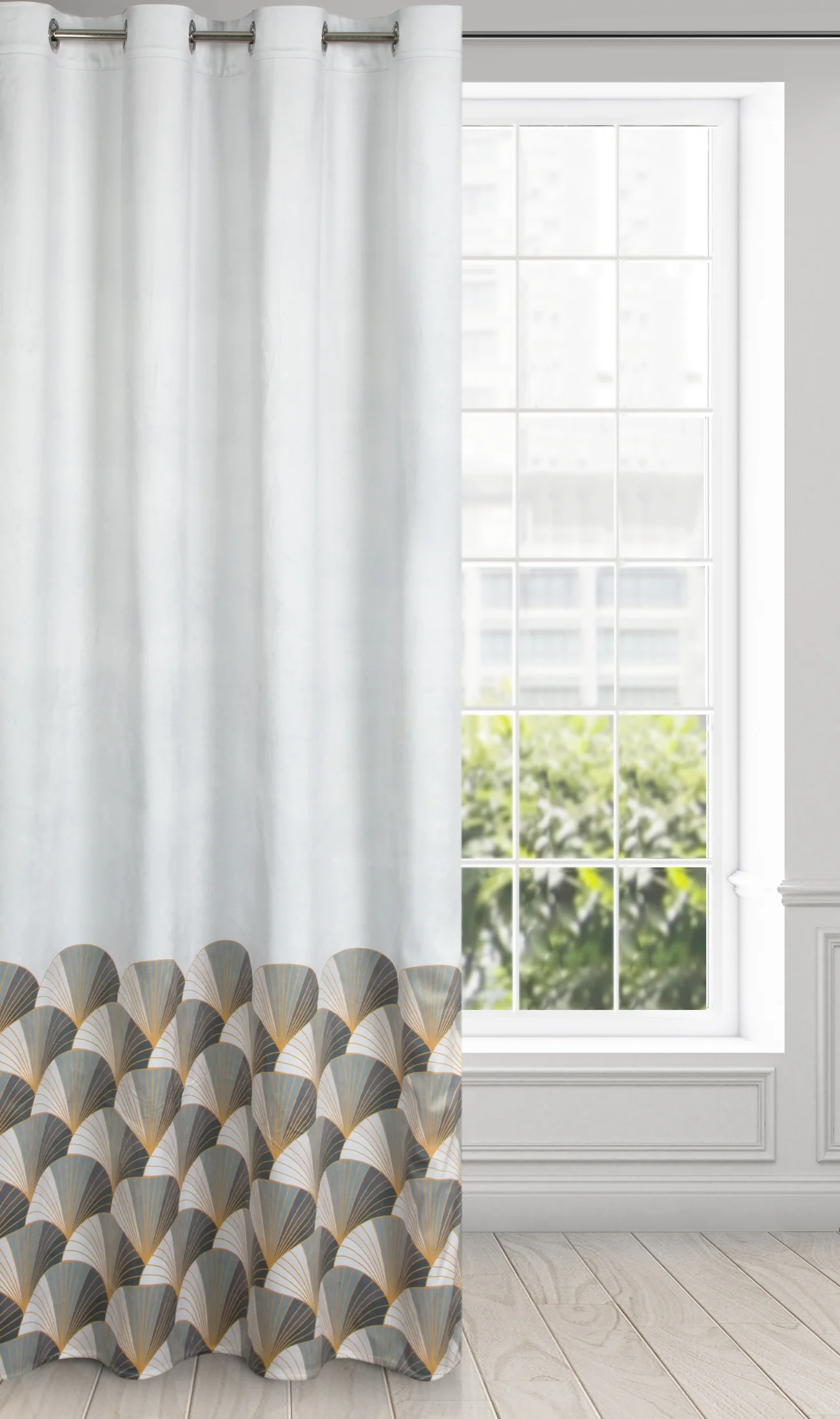 Zasłona welwetowa, biało szara ze złotym wzorem 140x250 cm przelotka - GINA - Design 91