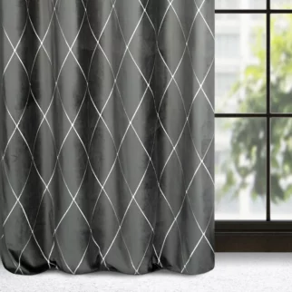 Zasłona welwetowa szaro, srebrna haftowana w duże karo 140x250 cm przelotka - MARGO - Pierre Cardin