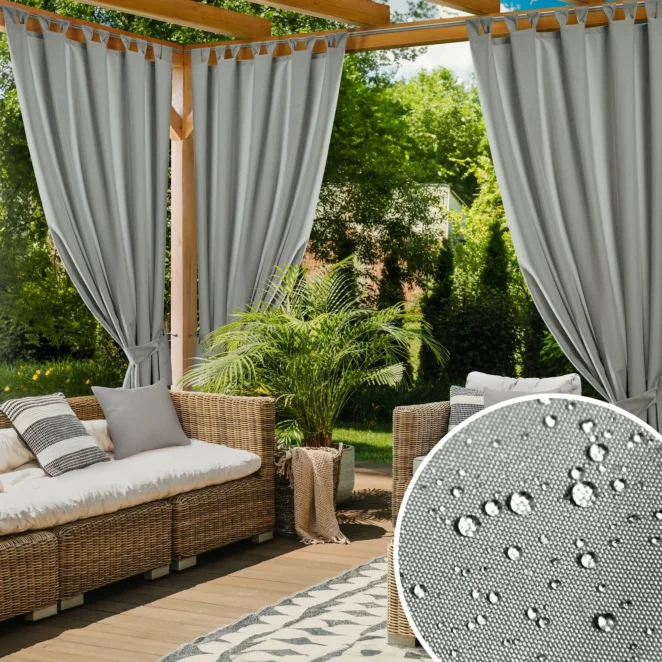 Zasłona srebrna z wodoodpornej tkaniny idealna do ogrodu i na taras 155x240 cm szelki/rzep - GARDEN