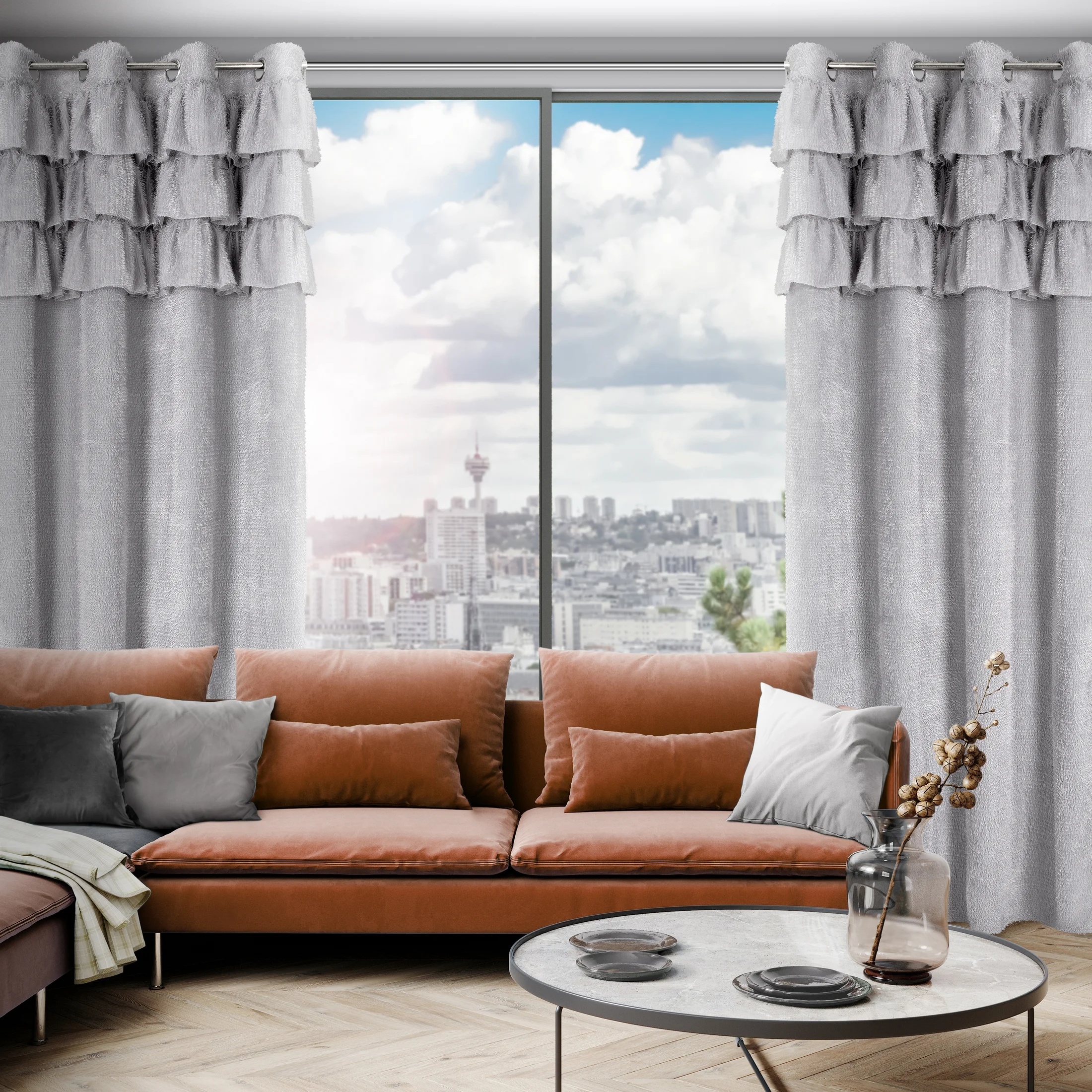 Zasłona srebrna zdobiona falbanami z moherowej tkaniny 140x250 cm przelotka - AGIS