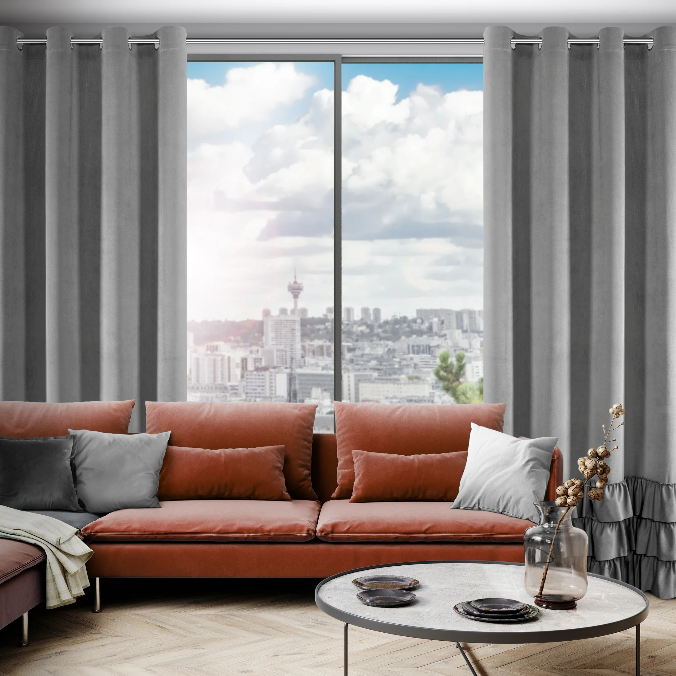Zasłona stalowa z welwetu zdobiona trzema subtelnymi falbanami 140x250 cm przelotka MEGI