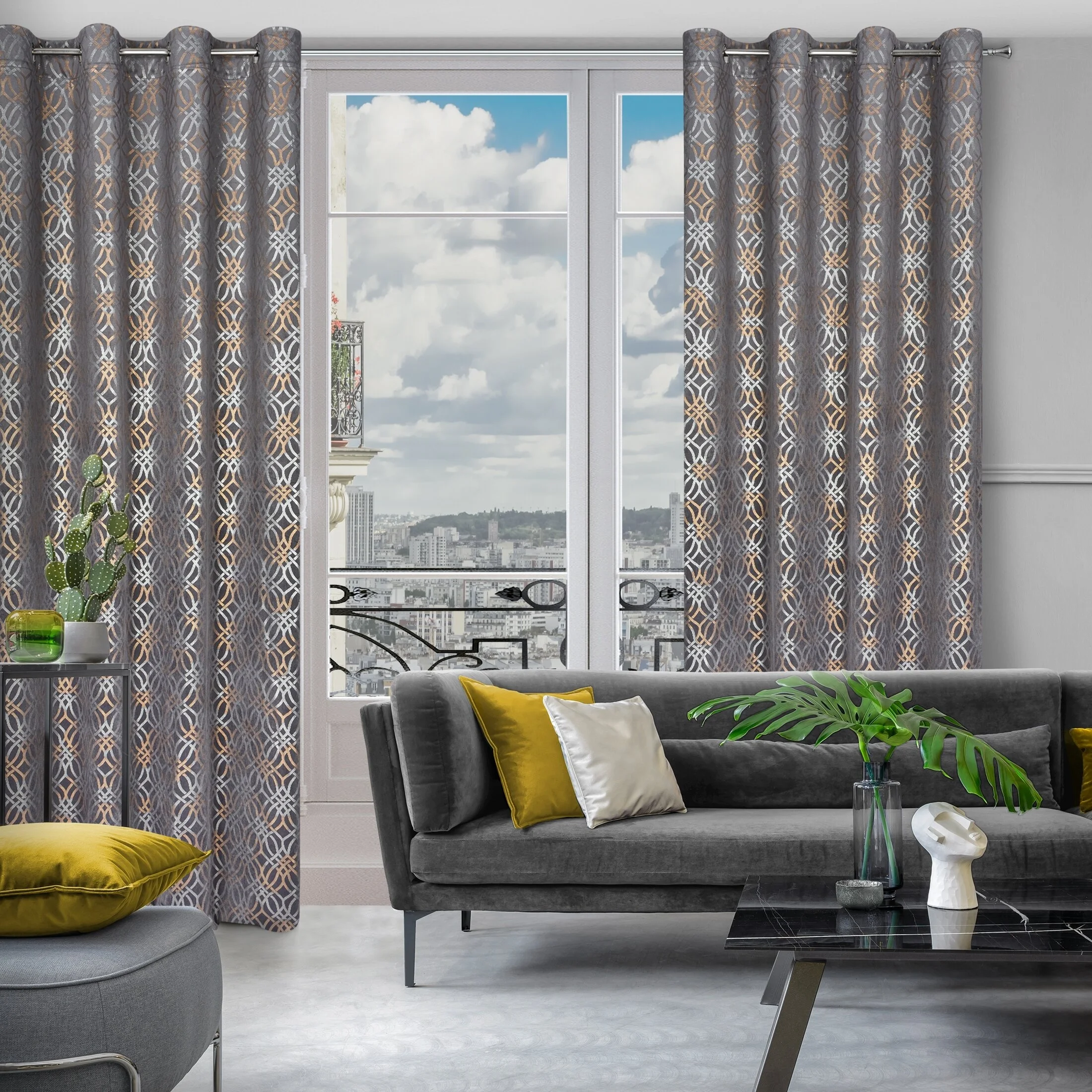 Zasłona stalowo, srebrna z wytłaczanym wzorem, welwetowa 140x250 cm przelotka - ARETA