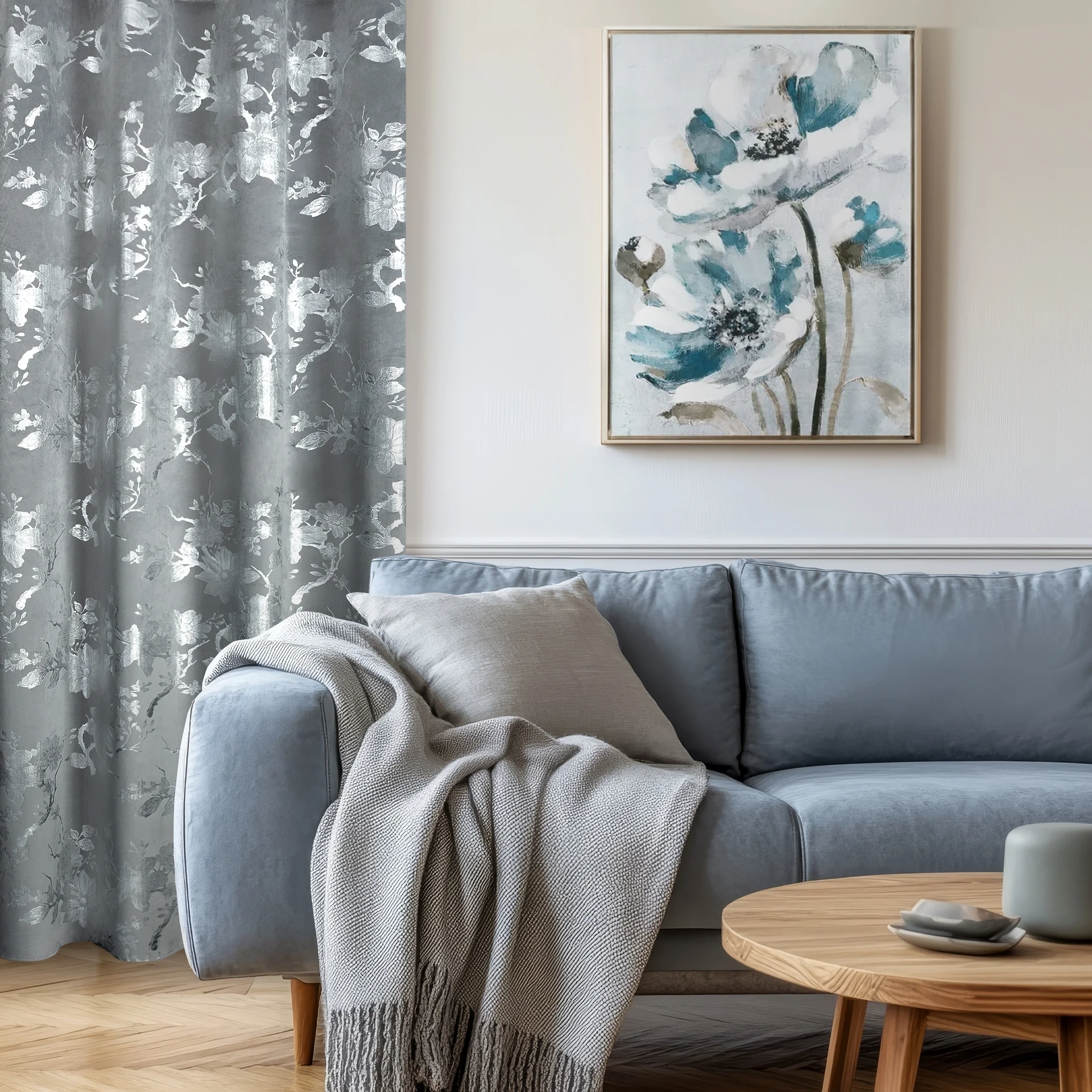 Zasłona stalowo, srebrna zdobiona nadrukiem błyszczących kwiatów 140x250 cm przelotka - CELIA