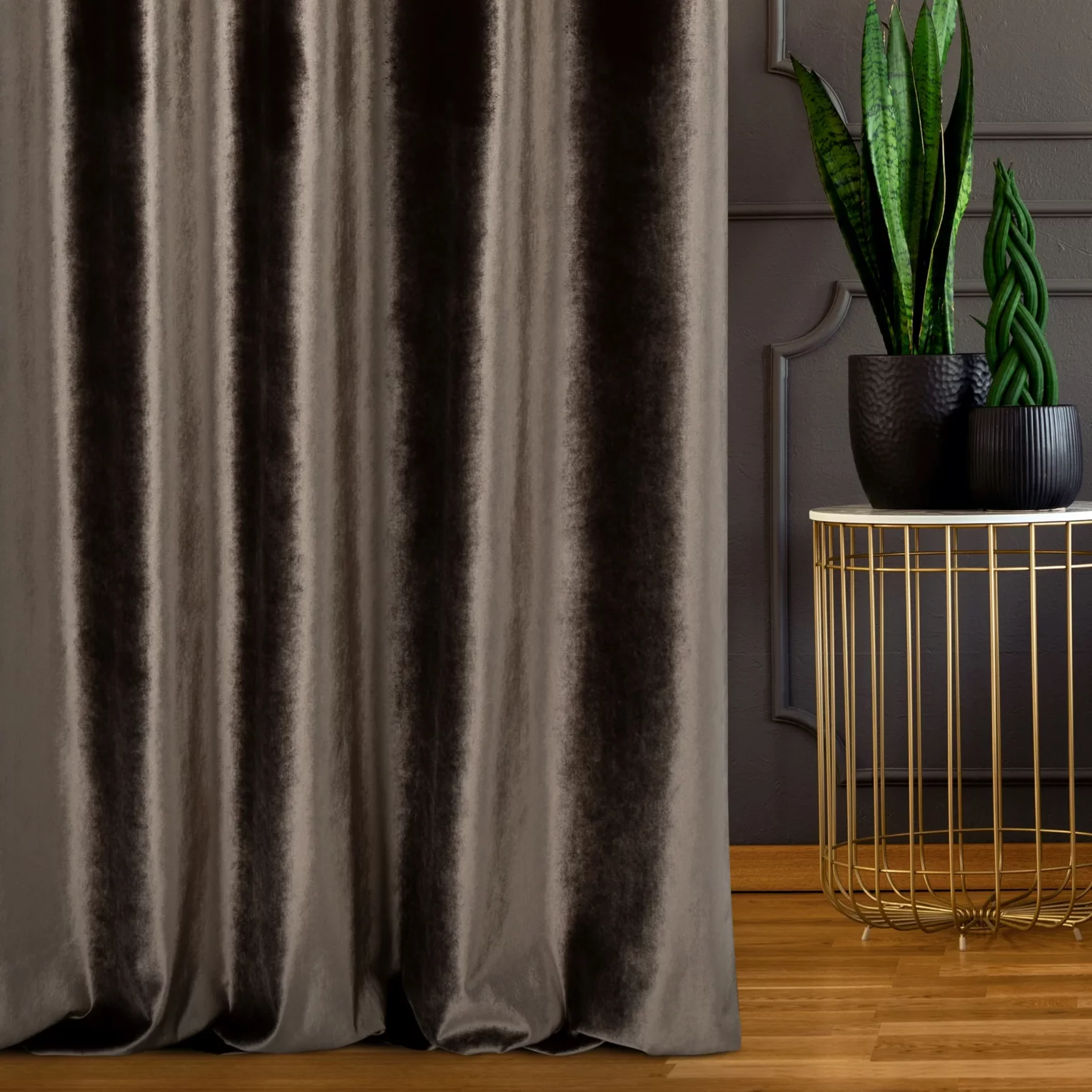 Zasłona szyta na flexach brązowa z miękkiej welwetowej tkaniny z połyskiem