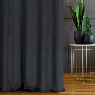 Zasłona szyta na flexach ciemnografitowa z grubej, matowej tkaniny welwetowej o gramaturze 380g/m2