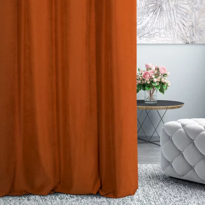 Zasłona szyta na flexach DORA - HIT ceglasta z miękkiej tkaniny o welurowej strukturze