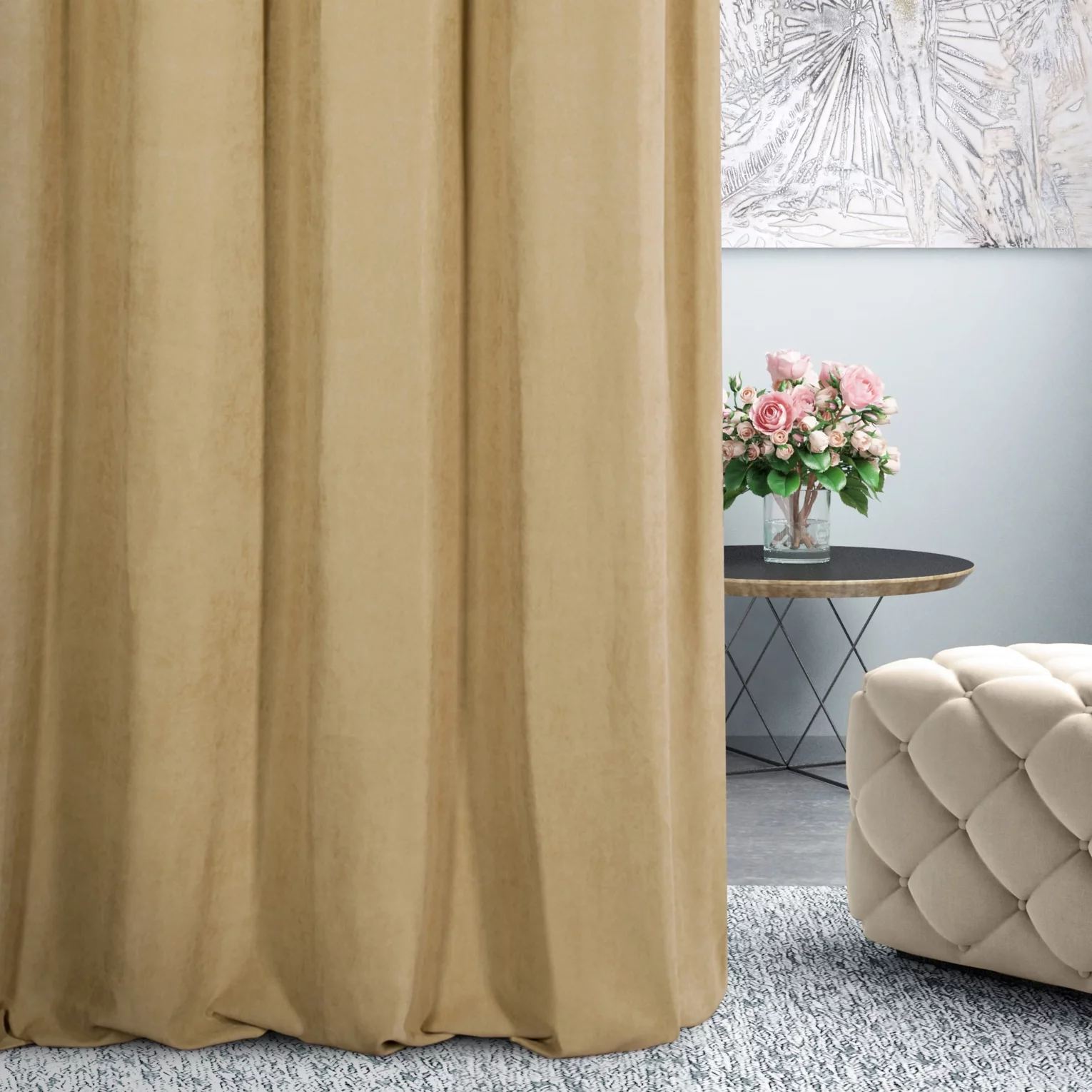 Zasłona szyta na flexach DORA - HIT jasnozłota z miękkiej tkaniny o welurowej strukturze