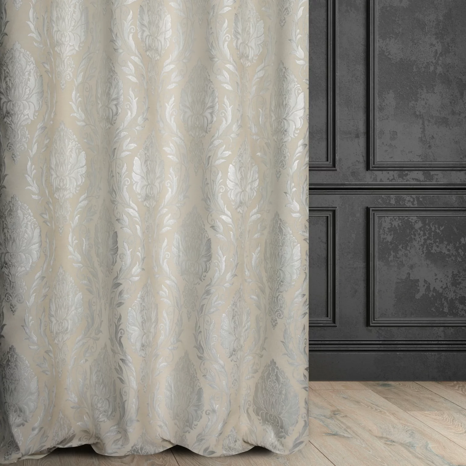 Zasłona szyta na flexach kremowo srebrna z szenilowej tkaniny w klasyczny wzór ornamentowy przetykany błyszczącą nicią Italissima Eva Minge