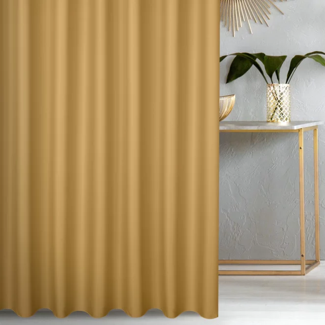 Zasłona szyta na flexach musztardowa z gładkiej tkaniny zaciemniającej typu dimout
