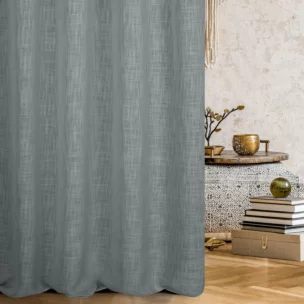 Zasłona szyta na flexach srebrna o naturalnym, luźnym splocie w stylu eko
