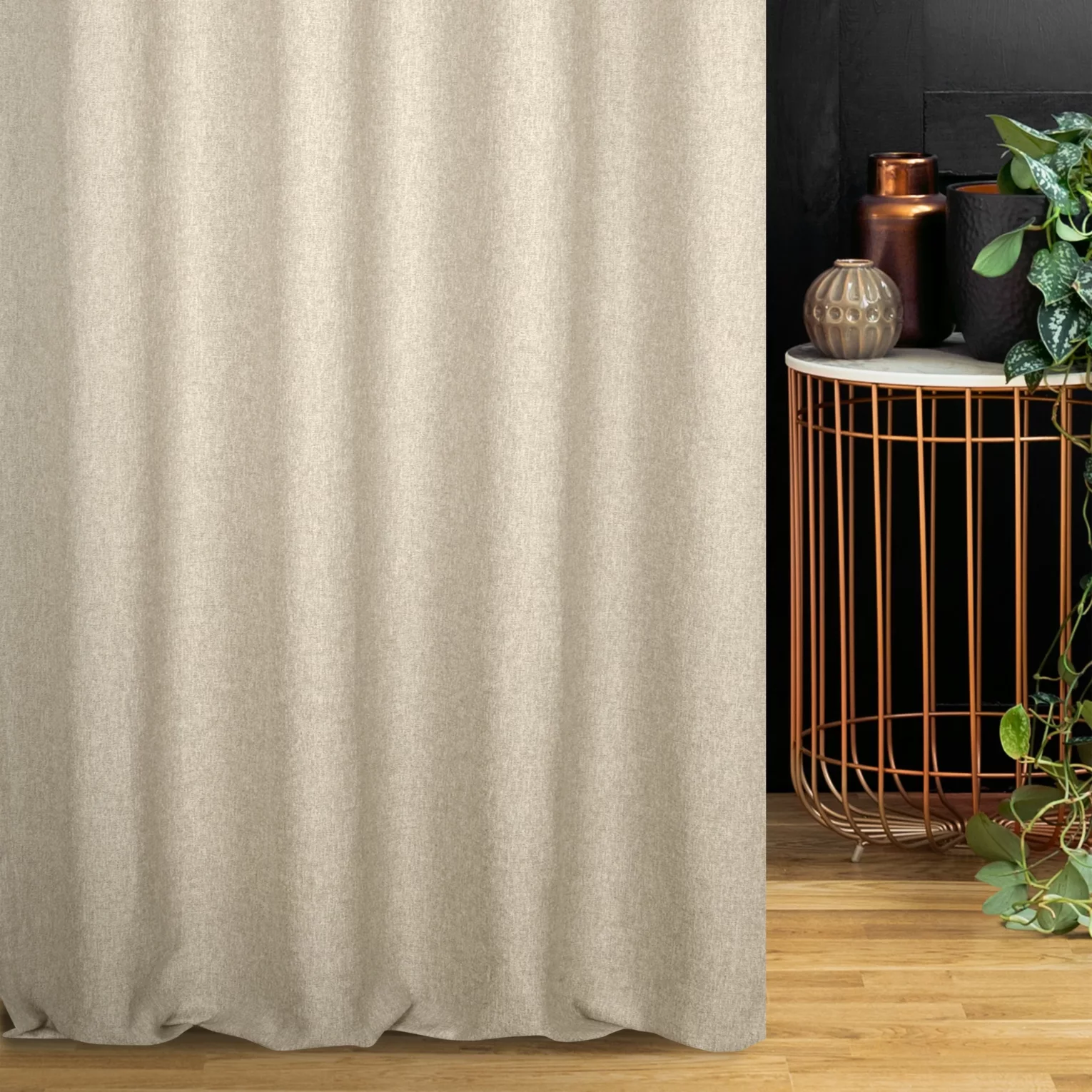 Zasłona szyta na taśmie 5 cm beżowa z tkaniny w stylu eko i efektem melanżu