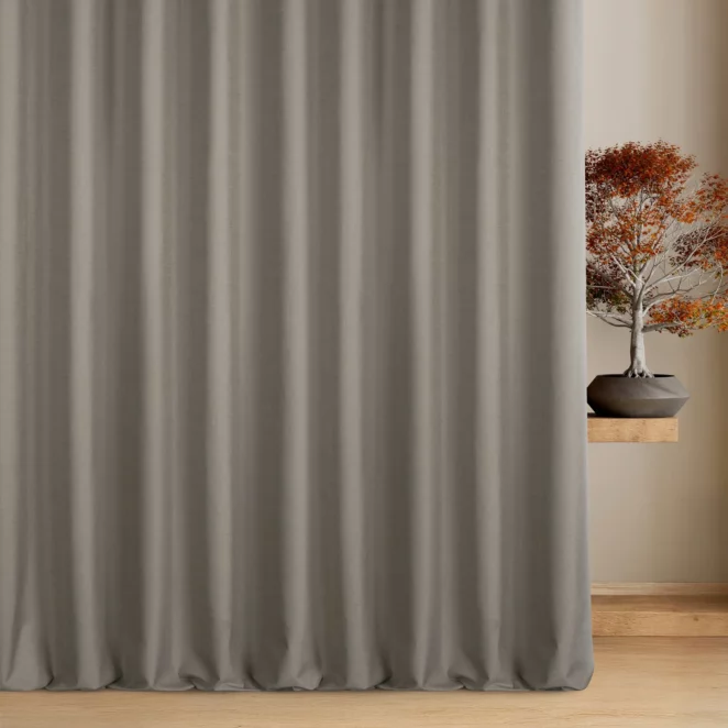 Zasłona szyta na taśmie 5 cm jasnobrązowa z tkaniny blackout zaciemniającej w 100% o naturalnej strukturze