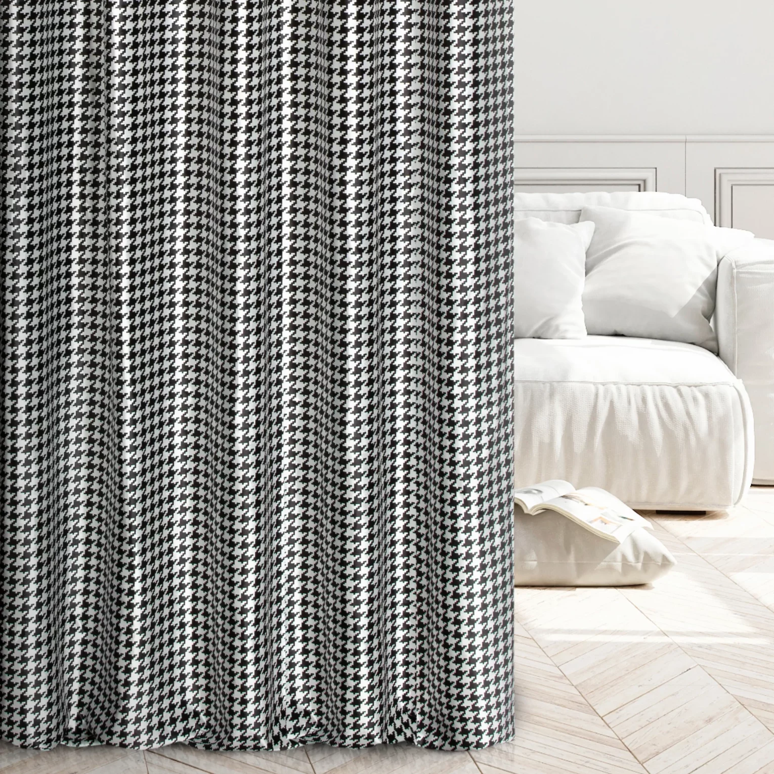 Zasłona szyta na taśmie 5 cm naturalno czarna z grubej welwetowej tkaniny w elegancki geometryczny wzór Italissima Eva Minge