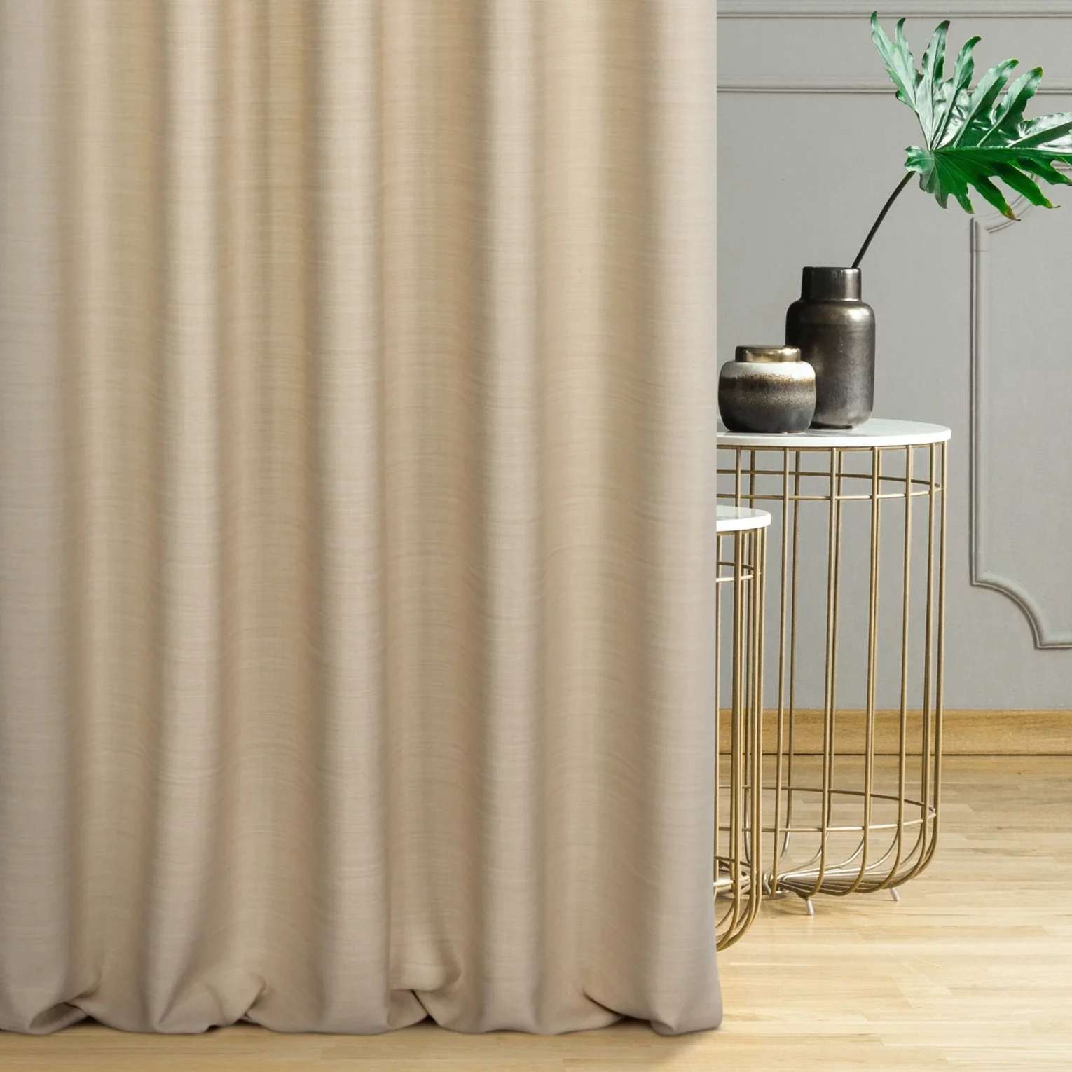 Zasłona szyta na taśmie fala beżowa z miękkiej tkaniny o naturalnym splocie w stylu ekologicznym