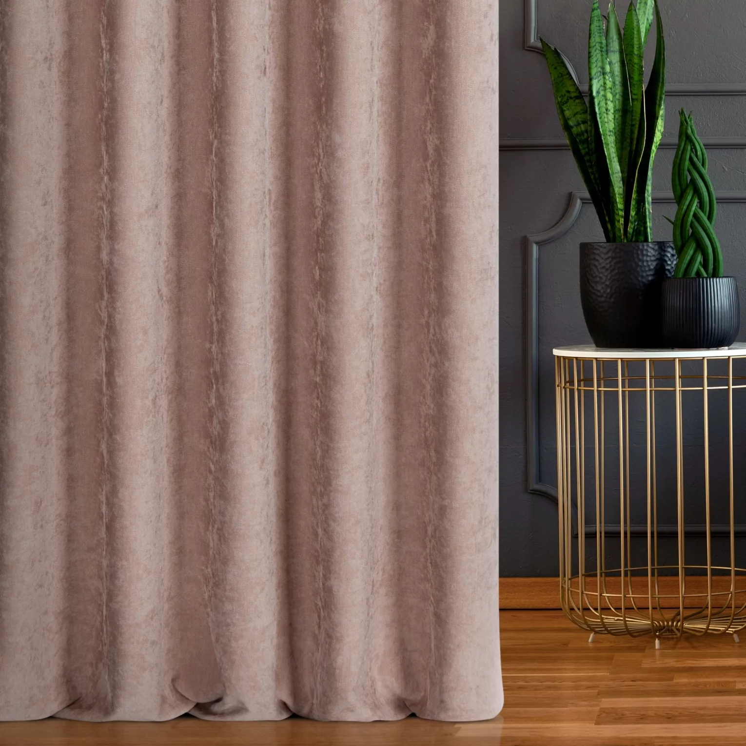 Zasłona szyta na taśmie fala beżowa z miękkiej tkaniny szenilowej typu dimout o naturalnym splocie