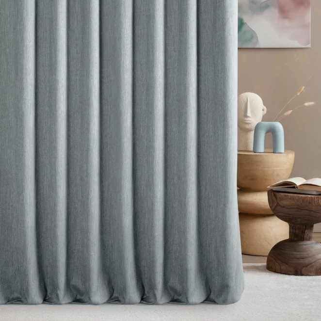 Zasłona szyta na taśmie fala popielata z tkaniny o naturalnym splocie z efektem melanżu