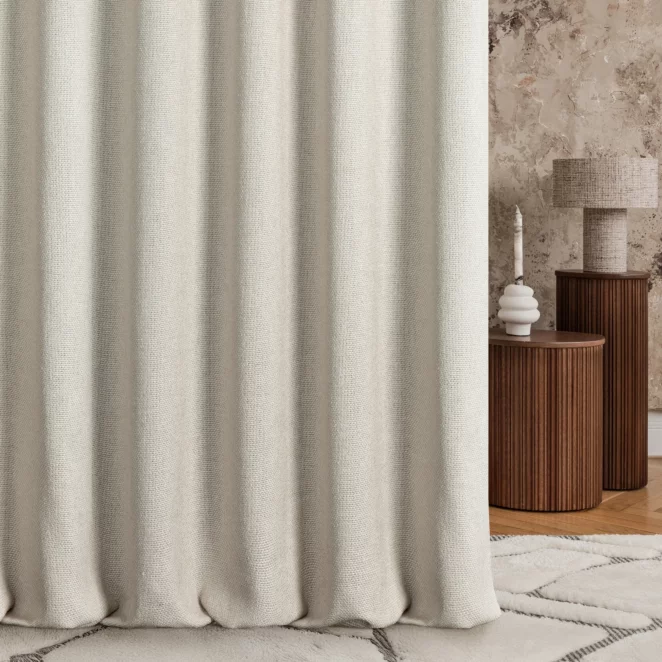 Zasłona szyta na tunelu beżowa z matowej tkaniny w stylu eko, o luźnym splocie