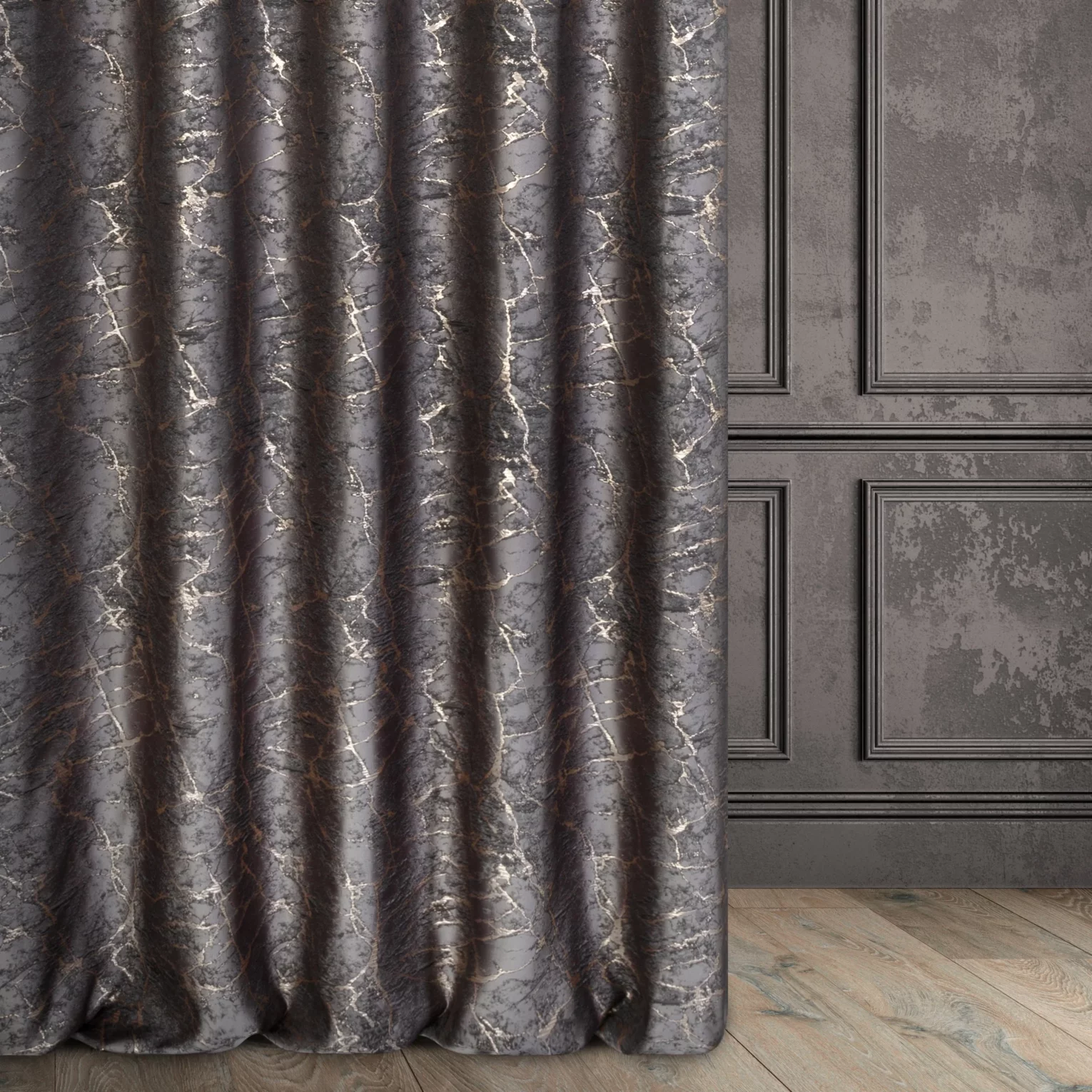 Zasłona szyta na tunelu grafitowo złota z tkaniny w elegancki nieregularny wzór z błyszczącą nicią i efektem 3D Italissima Eva Minge