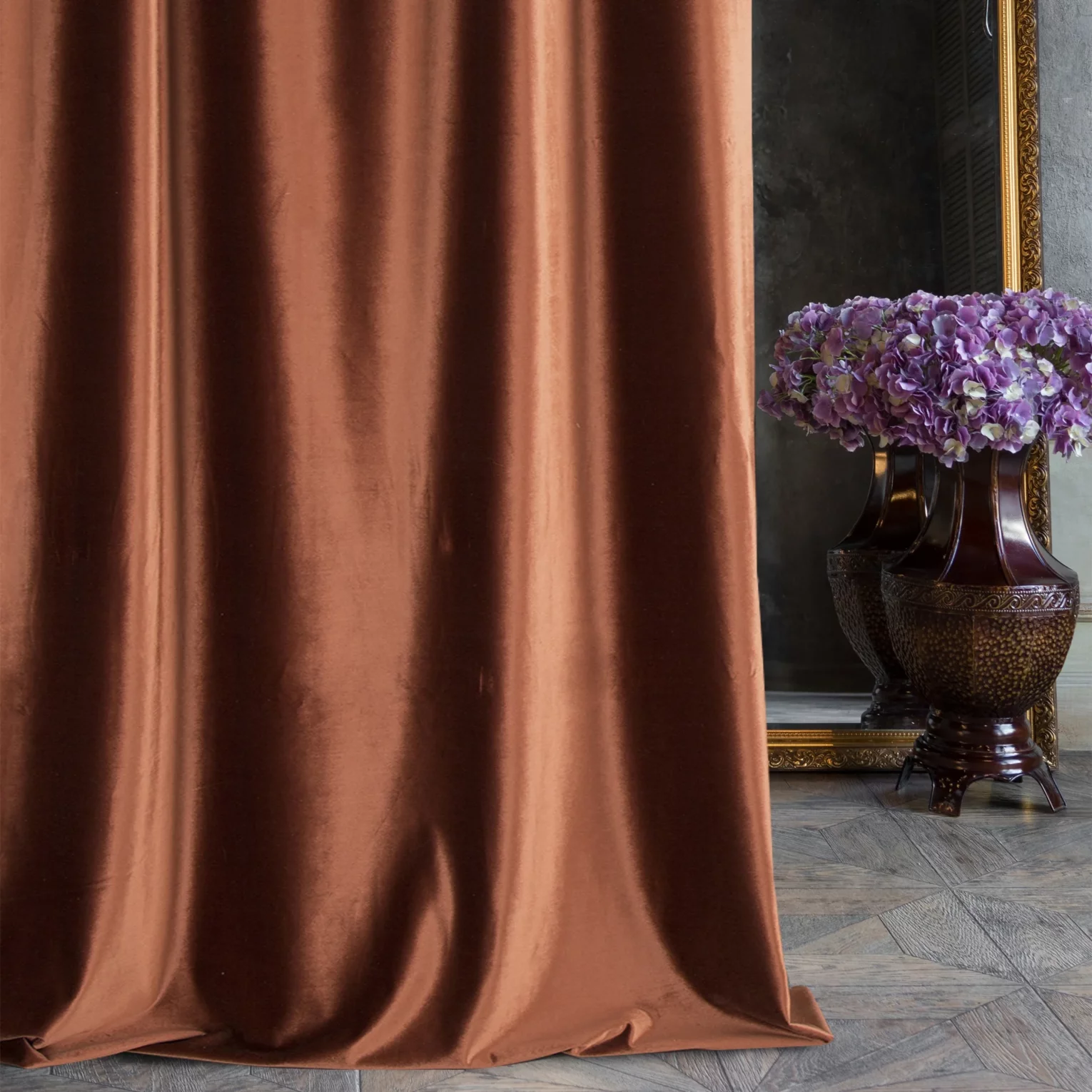Zasłona szyta na tunelu ITALIA ceglasta z tkaniny welwetowej o delikatnym połysku