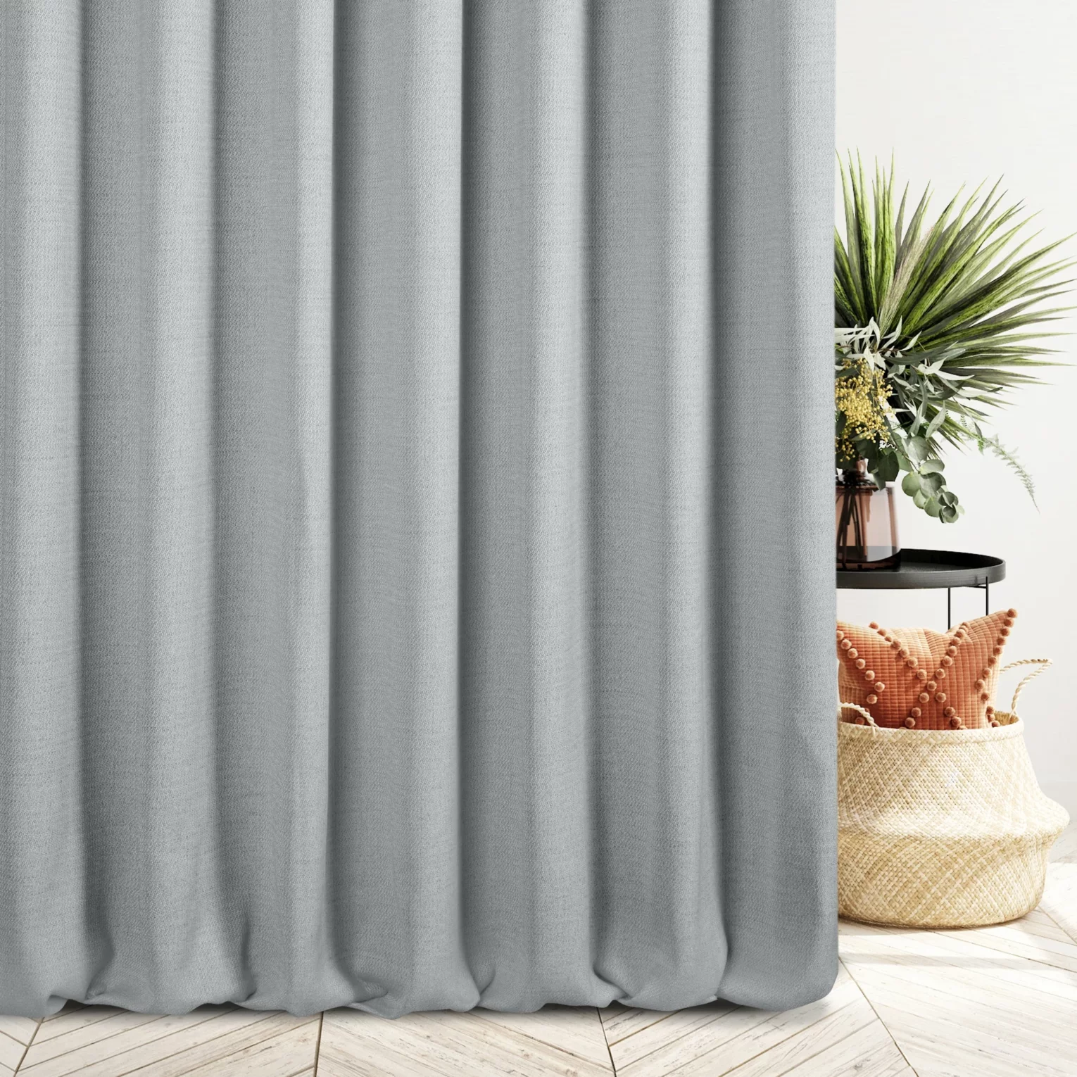 Zasłona szyta na tunelu popielata z tkaniny o naturalnym splocie z efektem melanżu