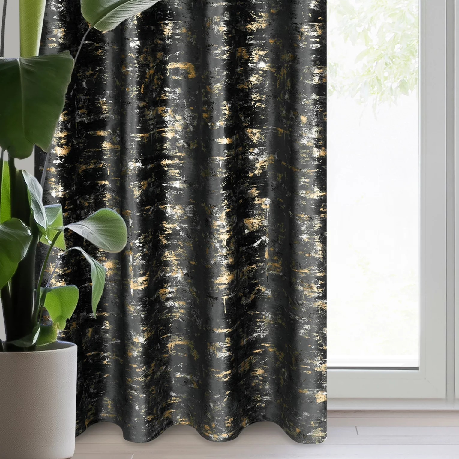 Zasłona czarno, złocista zdobiona marmurkowym wzorem, welwetowa 140x250 cm przelotka - TAMI