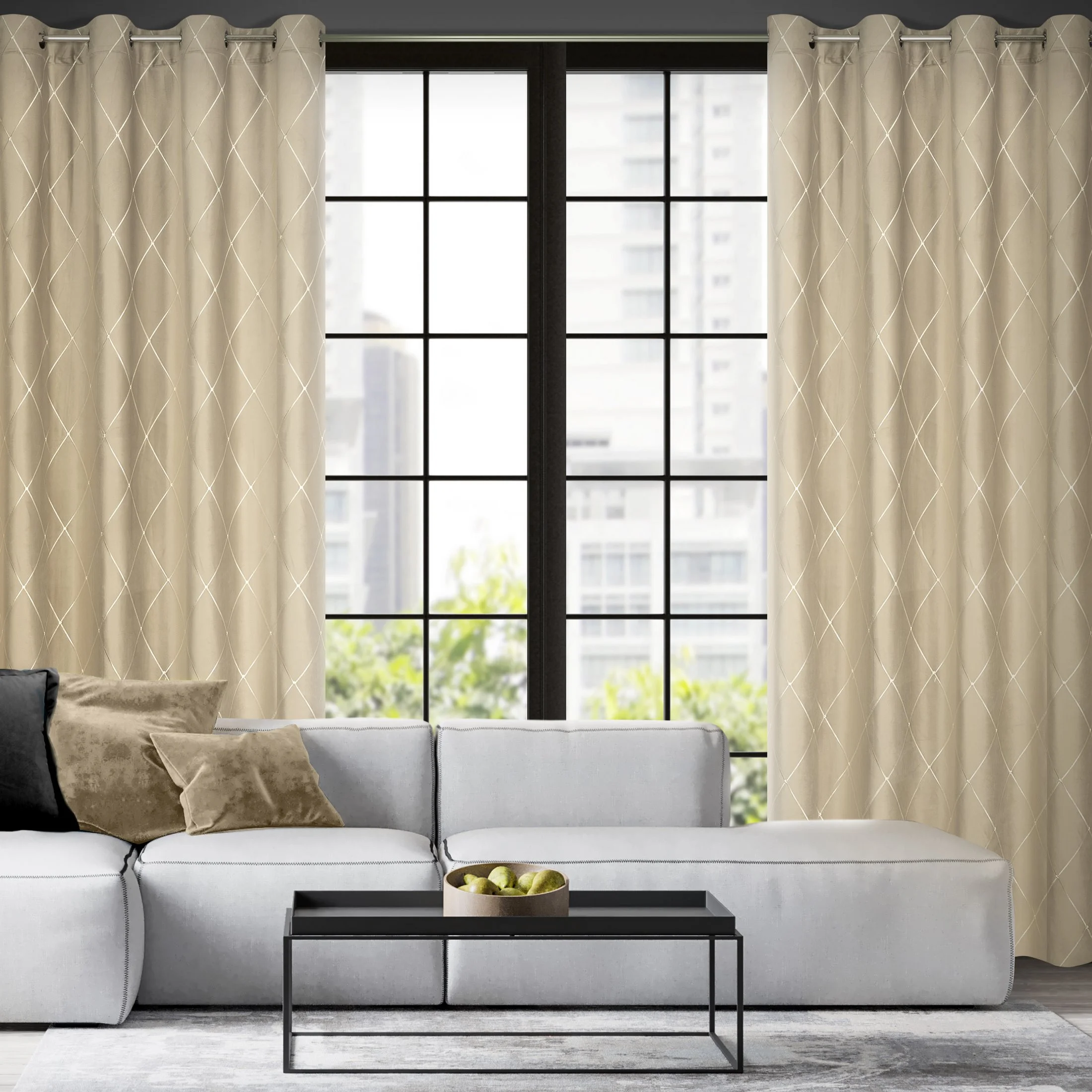 Zasłona welwetowa beżowo, złota haftowana w duże karo 140x250 cm przelotka - MARGO - Pierre Cardin
