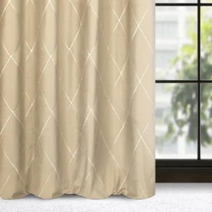 Zasłona welwetowa beżowo, złota haftowana w duże karo 140x250 cm przelotka - MARGO - Pierre Cardin